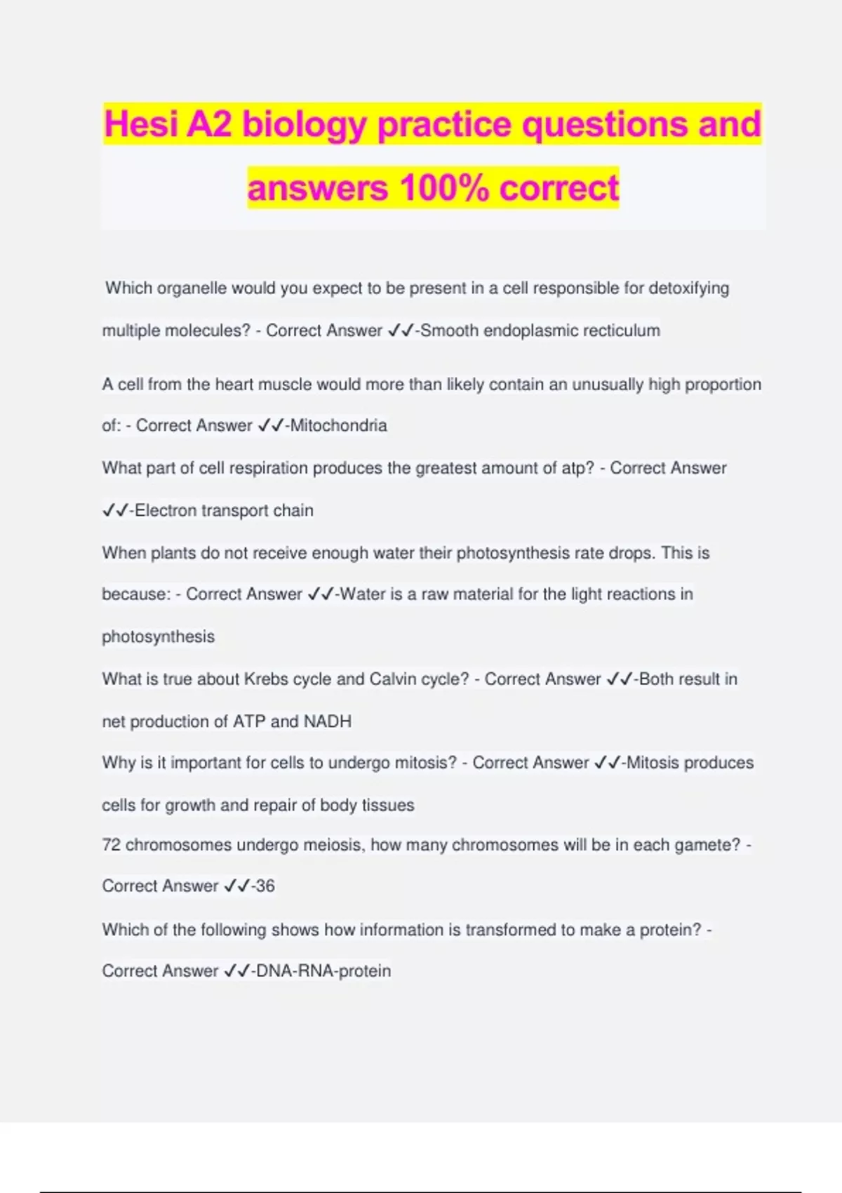 Hesi A2 biology practice questions and answers 100% correct - Hesi A2 ...