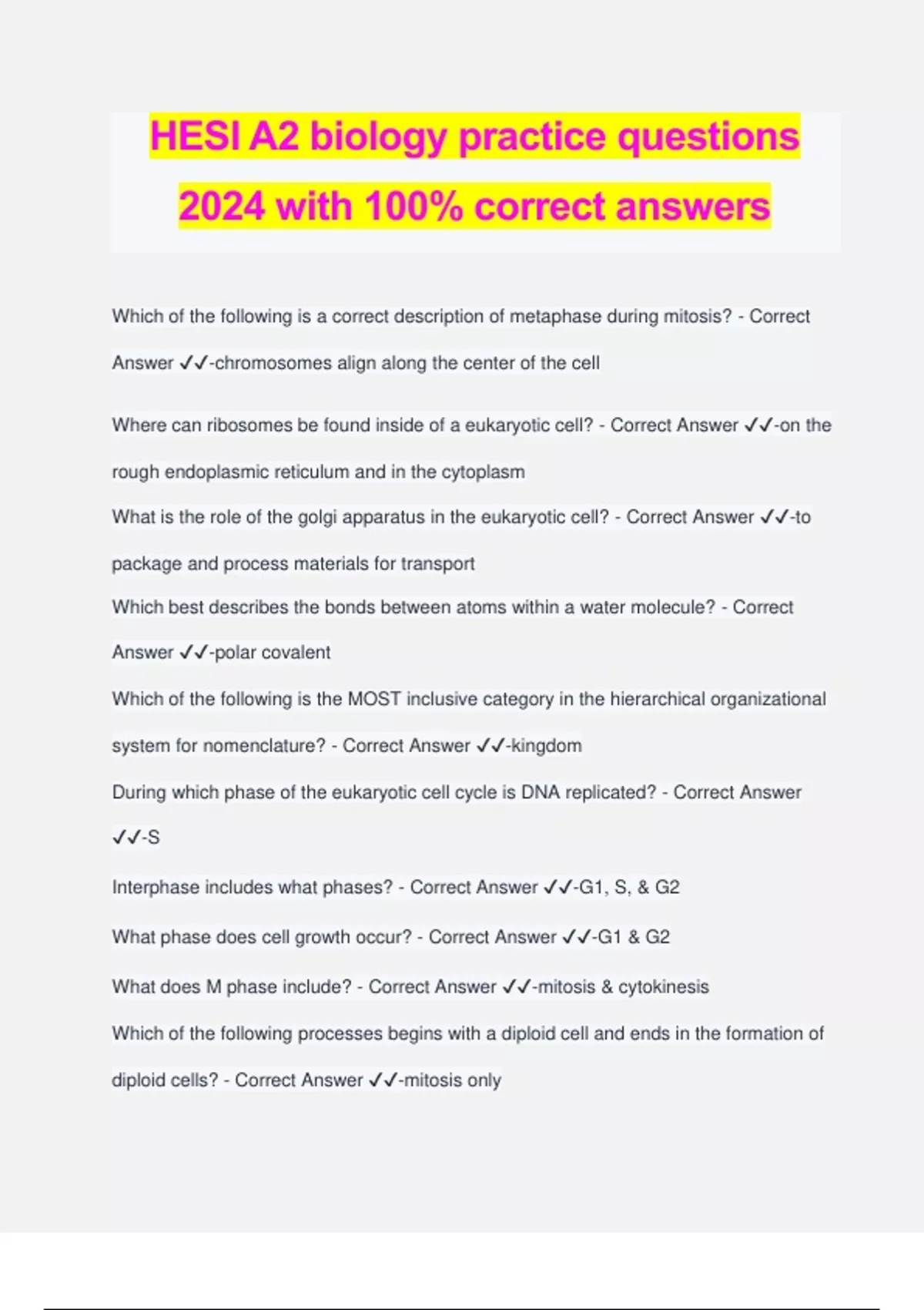 HESI A2 biology practice questions 2024 with 100% correct answers ...