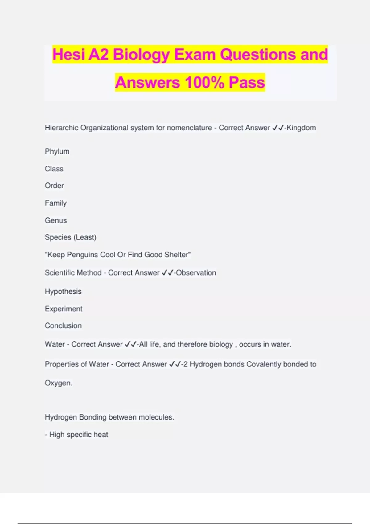 Hesi A2 Biology Exam Questions and Answers 100% Pass - Hesi A2 Biology ...