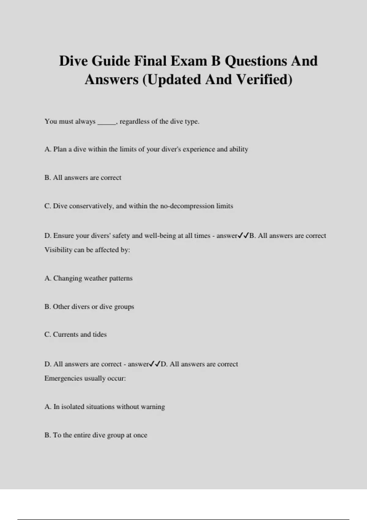 Dive Guide Final Exam B Questions And Answers (Updated And Verified
