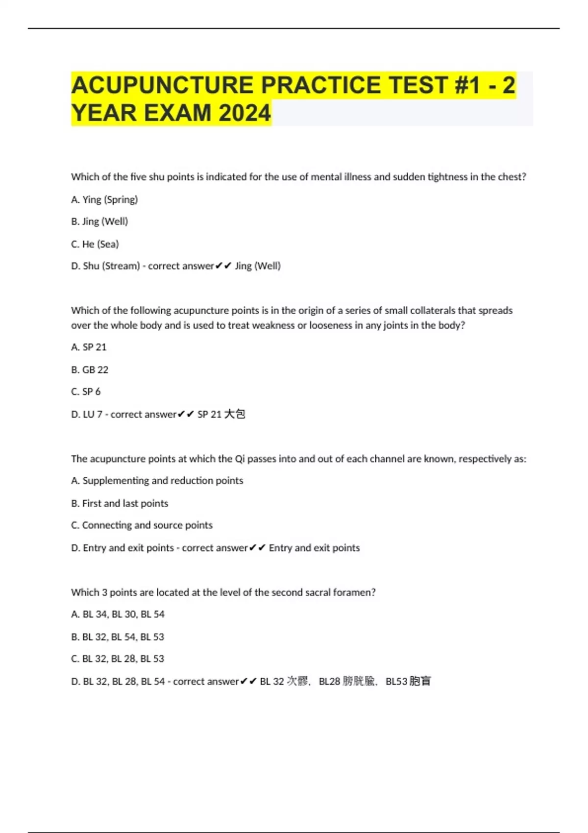 ACUPUNCTURE PRACTICE TEST #1 - 2 YEAR EXAM 2024 - ACUPUNCTURE - Stuvia US