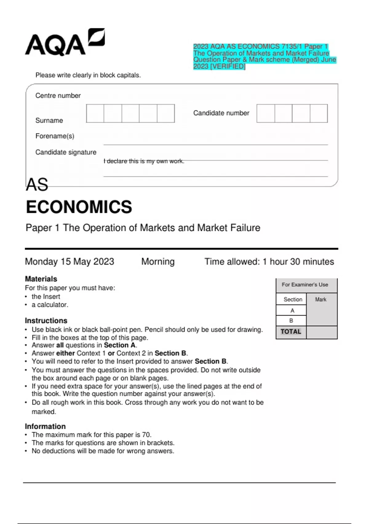 2023 AQA AS ECONOMICS 7135/1 Paper 1 The Operation of Markets and ...