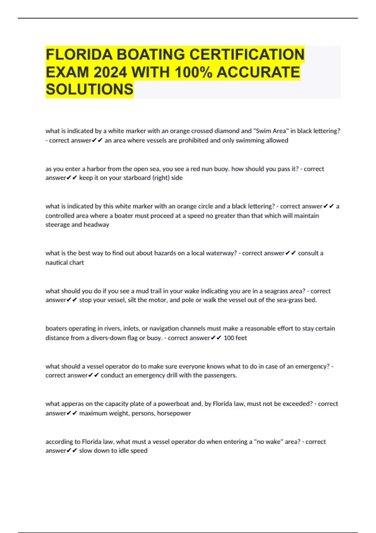 FLORIDA BOATING CERTIFICATION EXAM 2024 WITH 100 ACCURATE SOLUTIONS