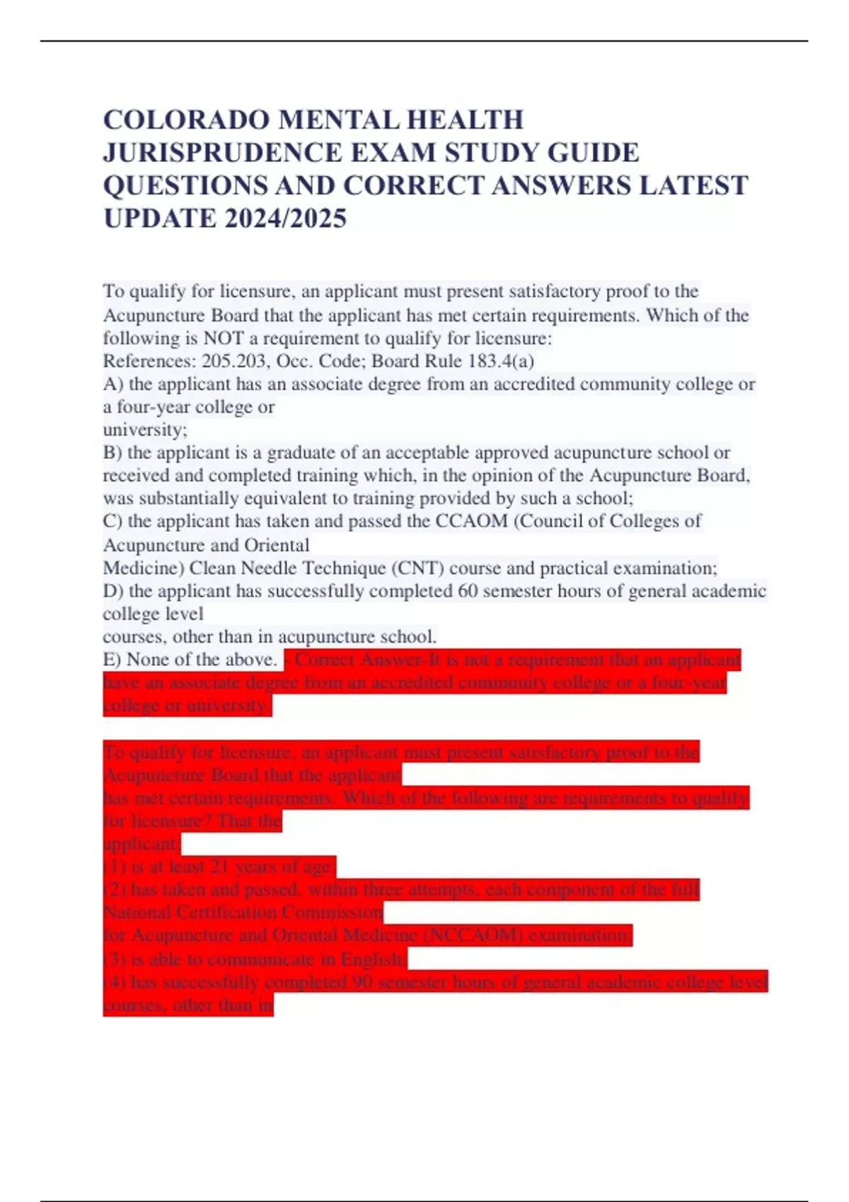 COLORADO MENTAL HEALTH JURISPRUDENCE EXAM STUDY GUIDE QUESTIONS AND