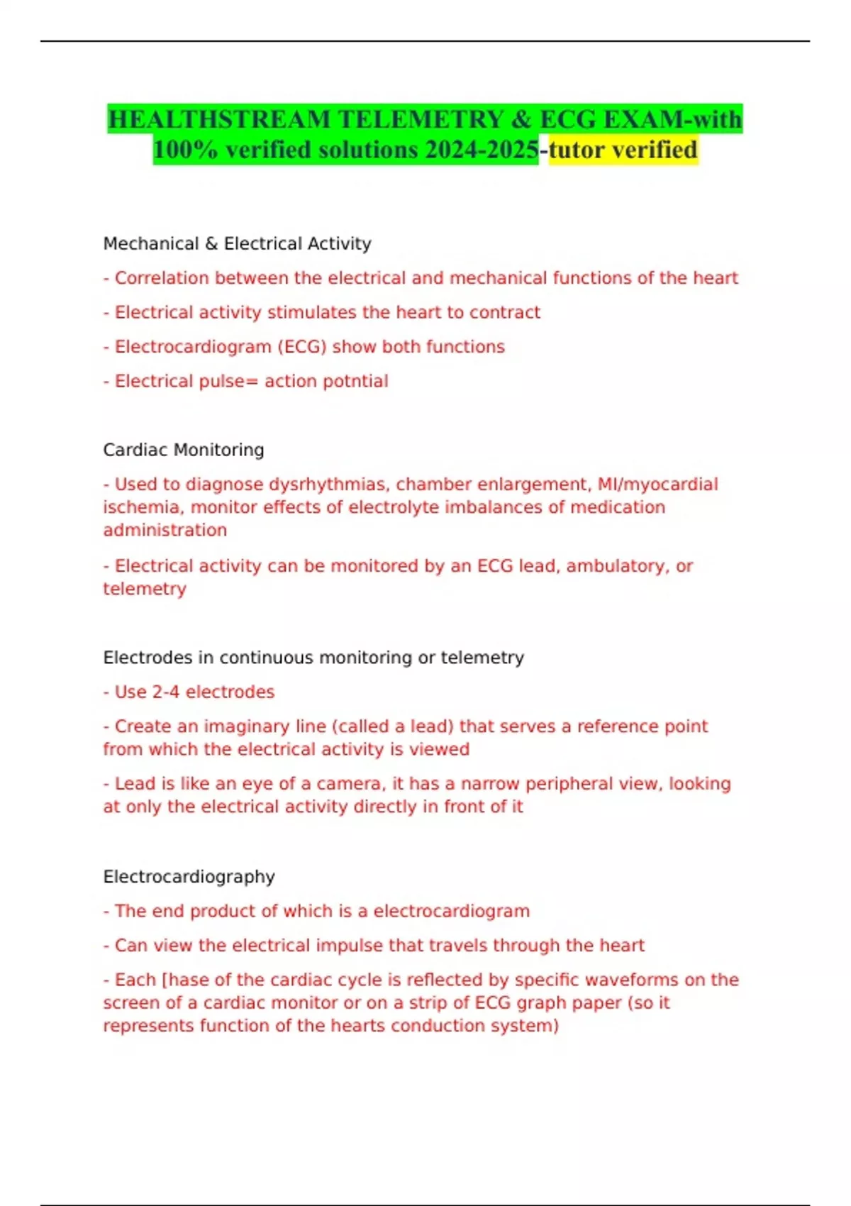 HEALTHSTREAM TELEMETRY & ECG EXAM-with 100% verified solutions -tutor ...