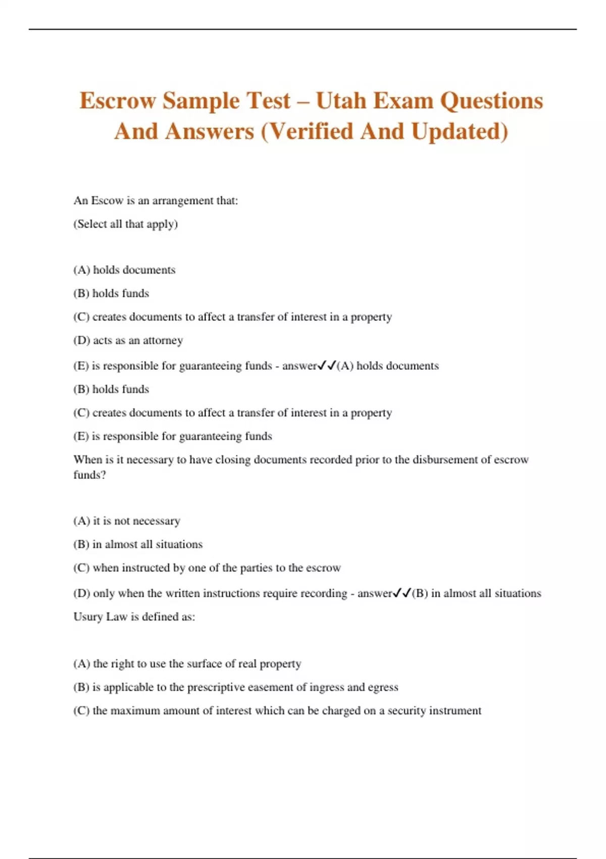 Escrow Sample Test – Utah Exam Questions And Answers (Verified And ...