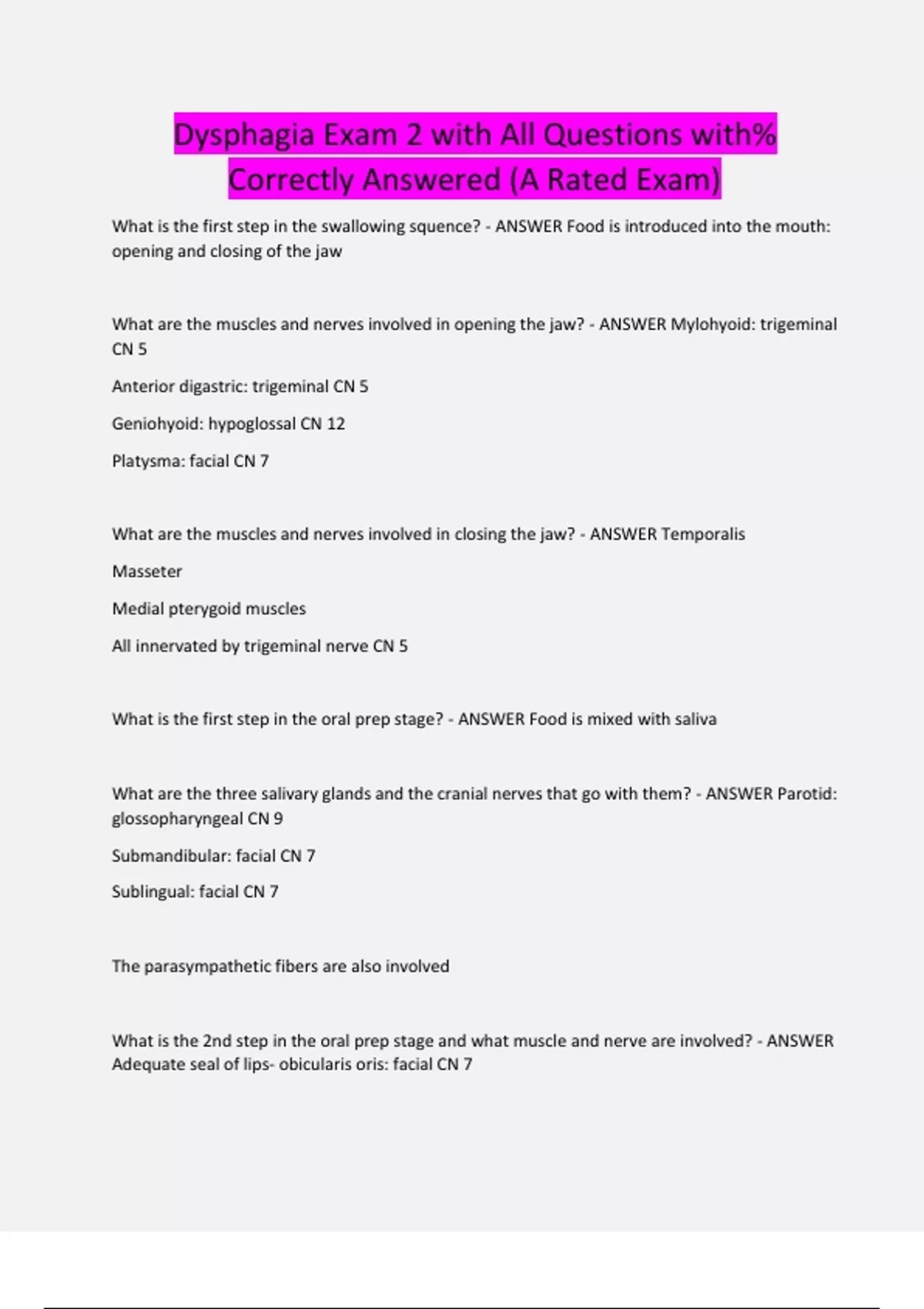 Dysphagia Exam 2 with All Questions with% Correctly Answered (A Rated ...