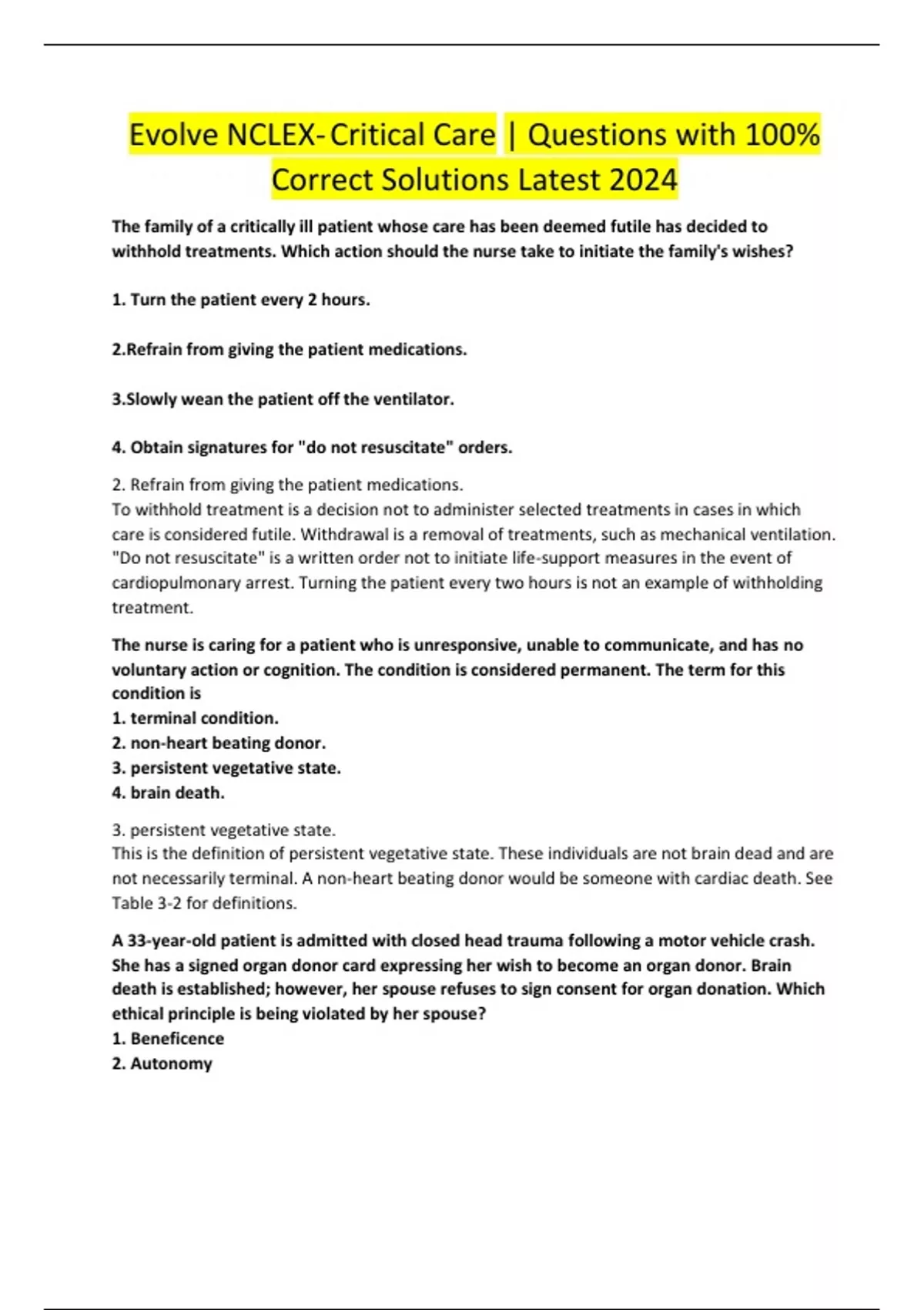 Evolve NCLEX- Critical Care | Questions with 100% Correct Solutions ...