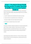 Exam 1 - Psychiatric/Mental Health  Nursing practice Excellent Questions  & Quality Answers |Latest Update |  Grade A+