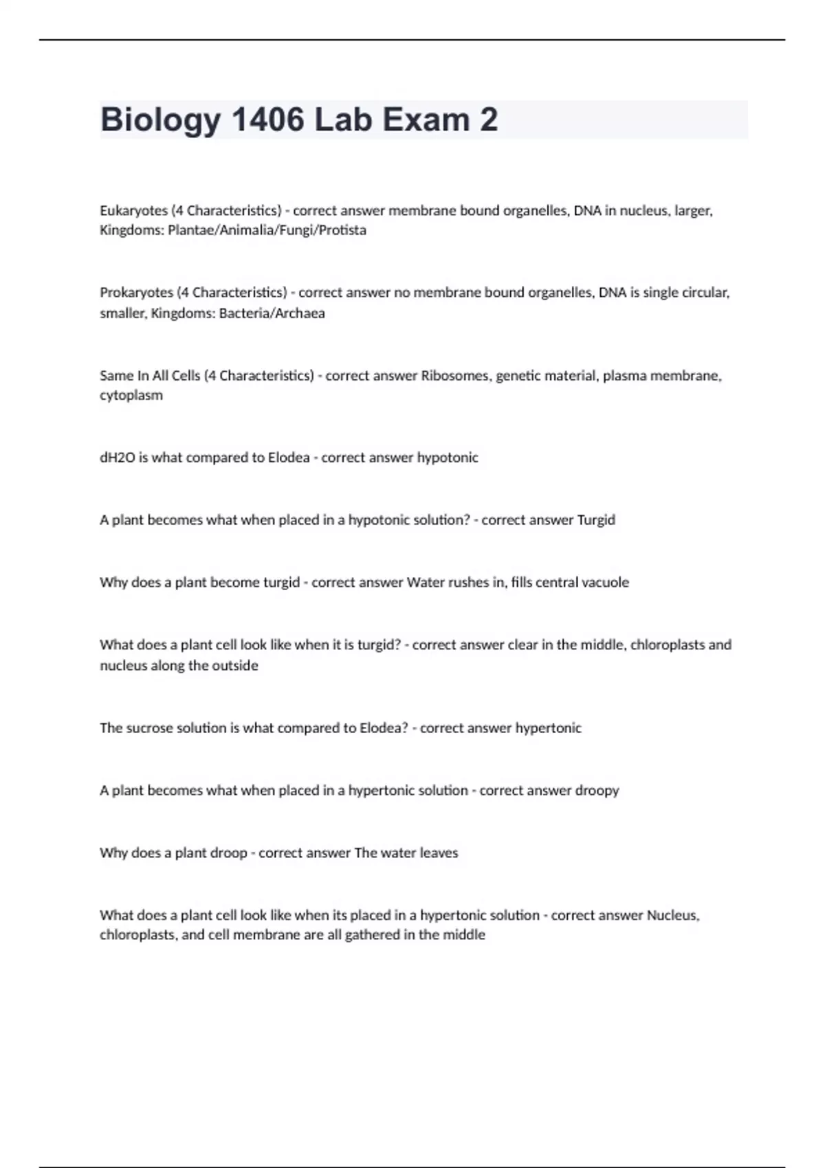 Biology 1406 Lab Exam 2 questions with correct answers graded A+ ...