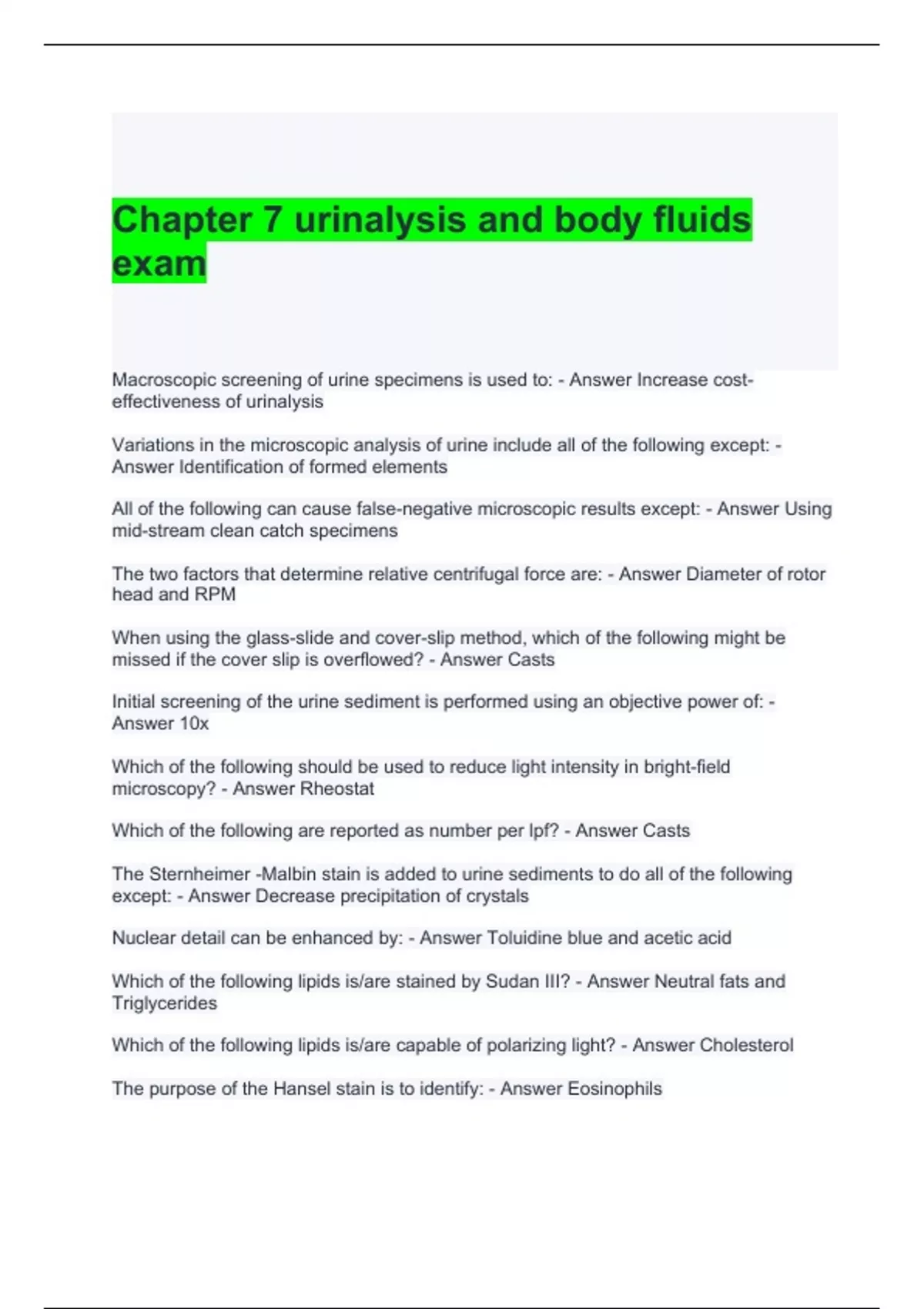 Chapter 7 urinalysis and body fluids exam with correct answers ...