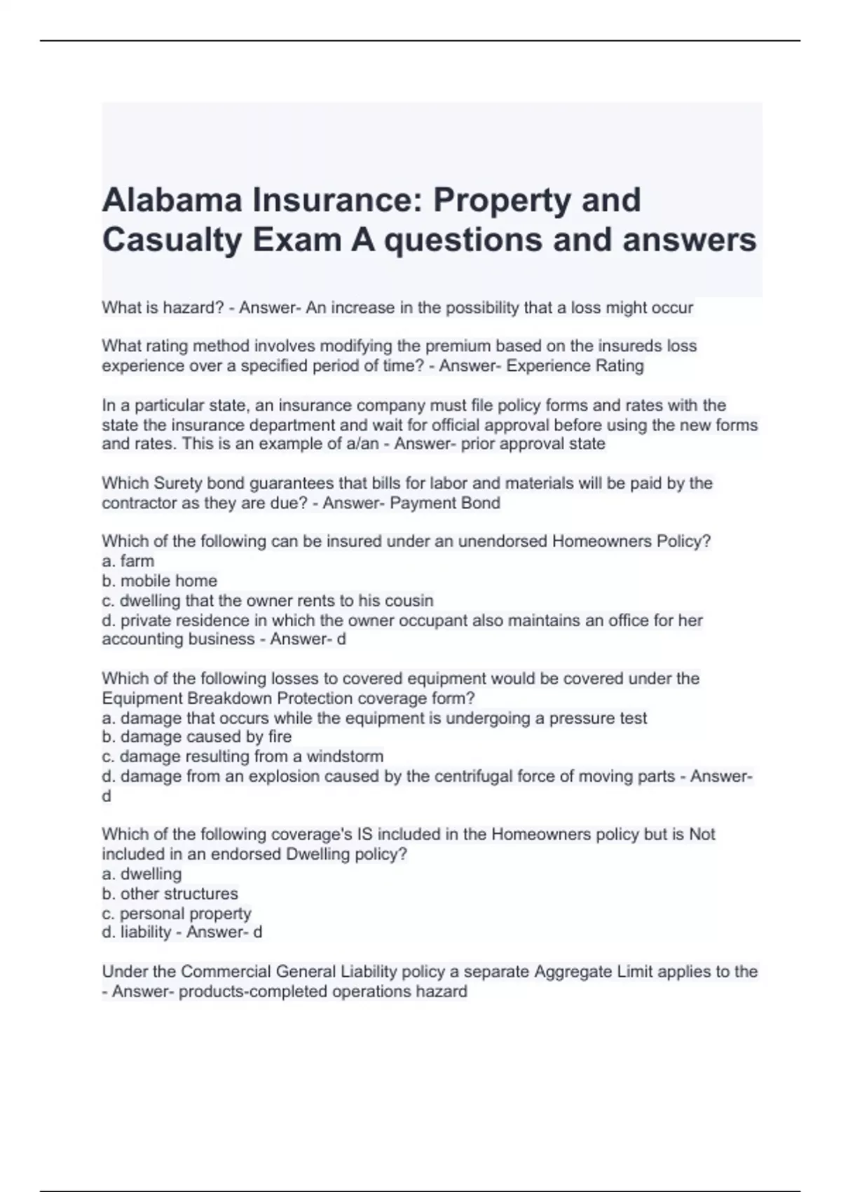 Alabama Insurance Property and Casualty Exam A questions and answers ...