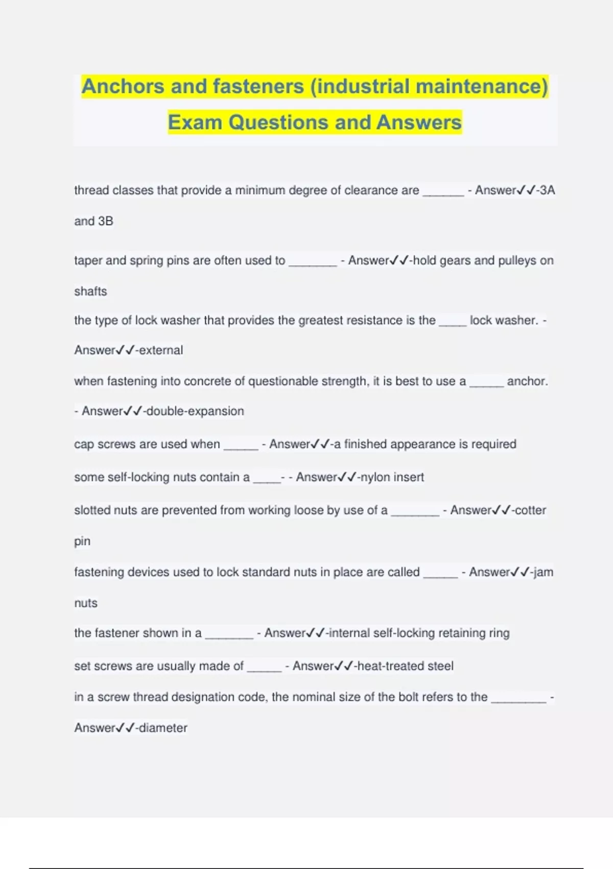 Anchors and fasteners (industrial maintenance) Exam Questions and
