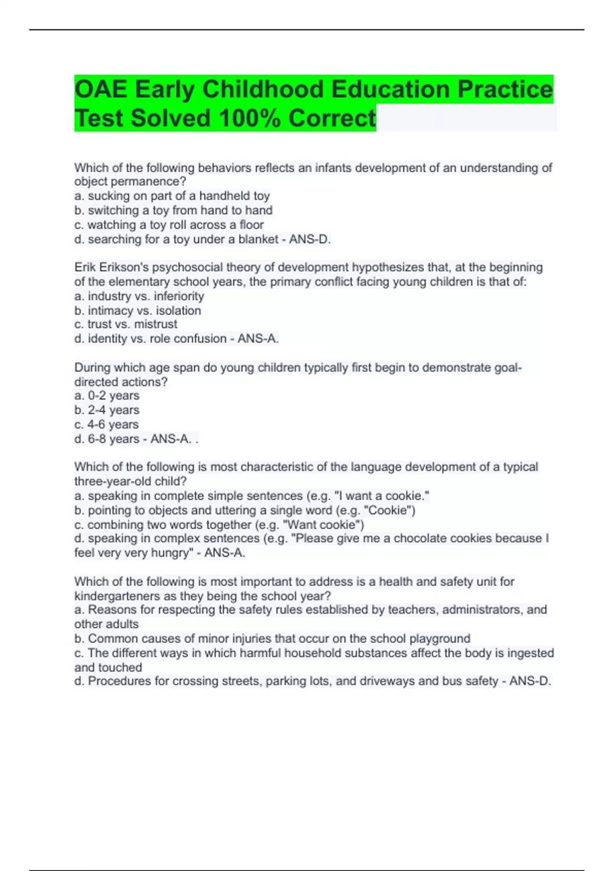 OAE Early Childhood Education Practice Test Solved 100 Correct OAE