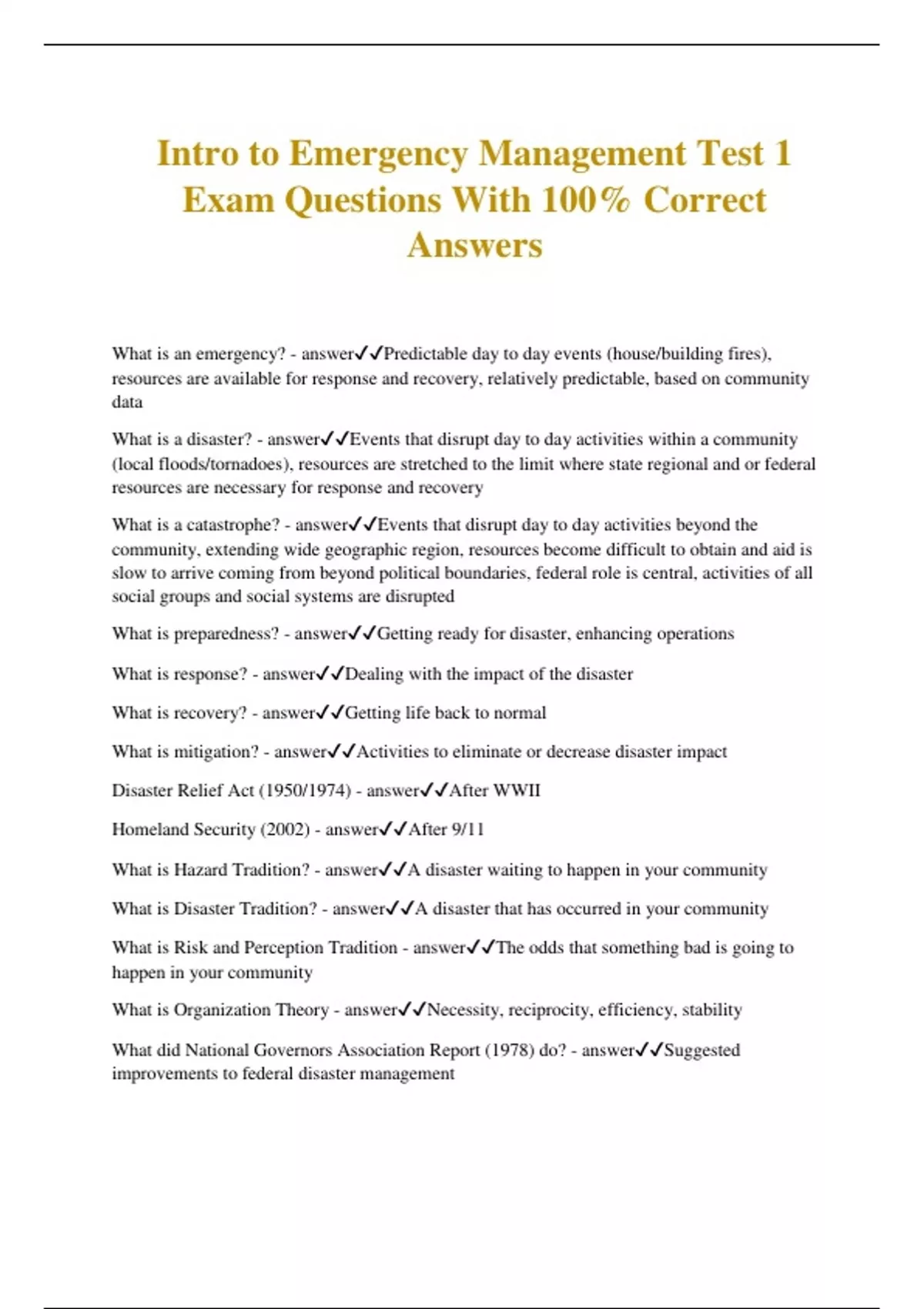 Intro to Emergency Management Test 1 Exam Questions With 100% Correct ...