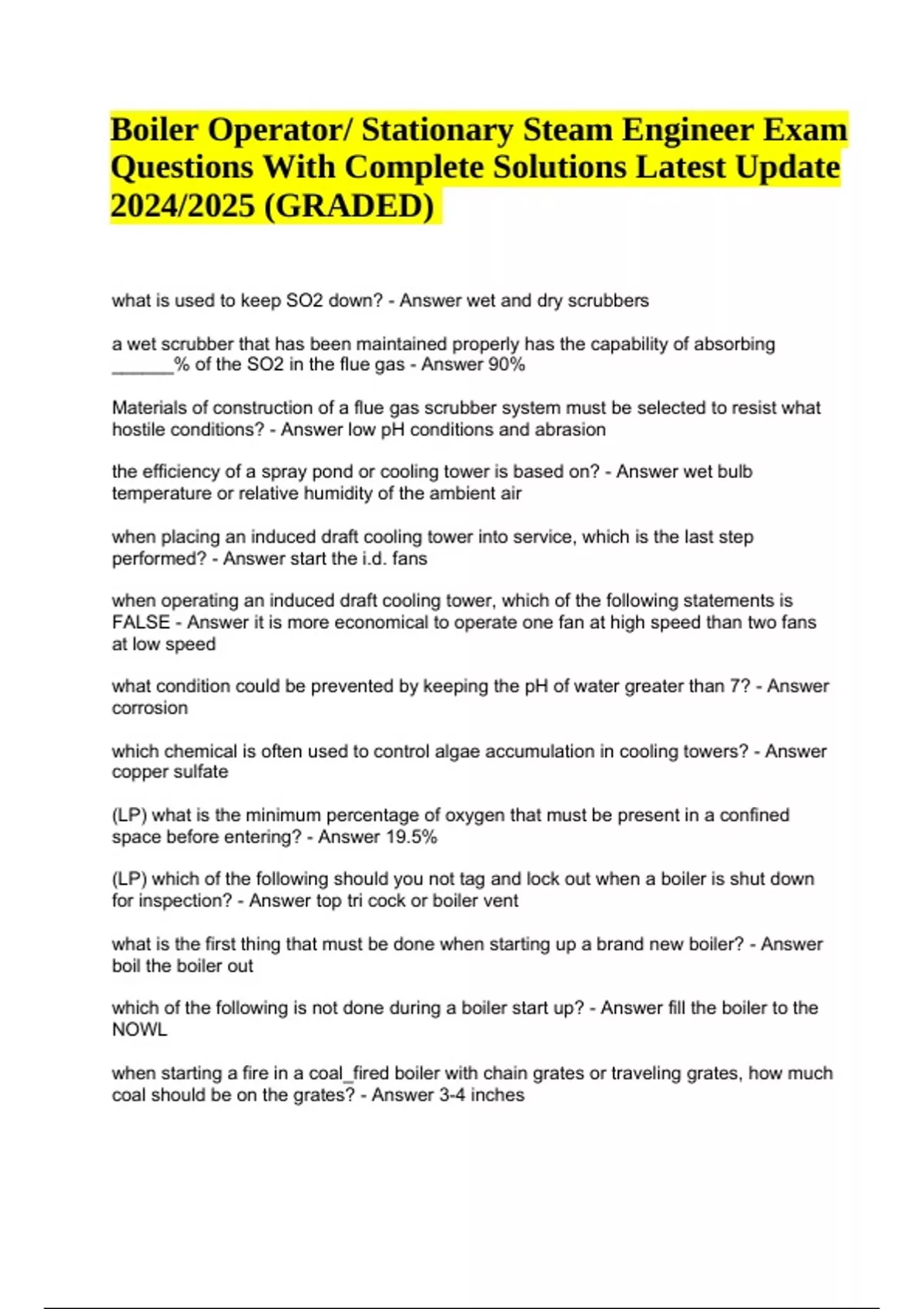 Boiler Operator/ Stationary Steam Engineer Exam Questions With Complete