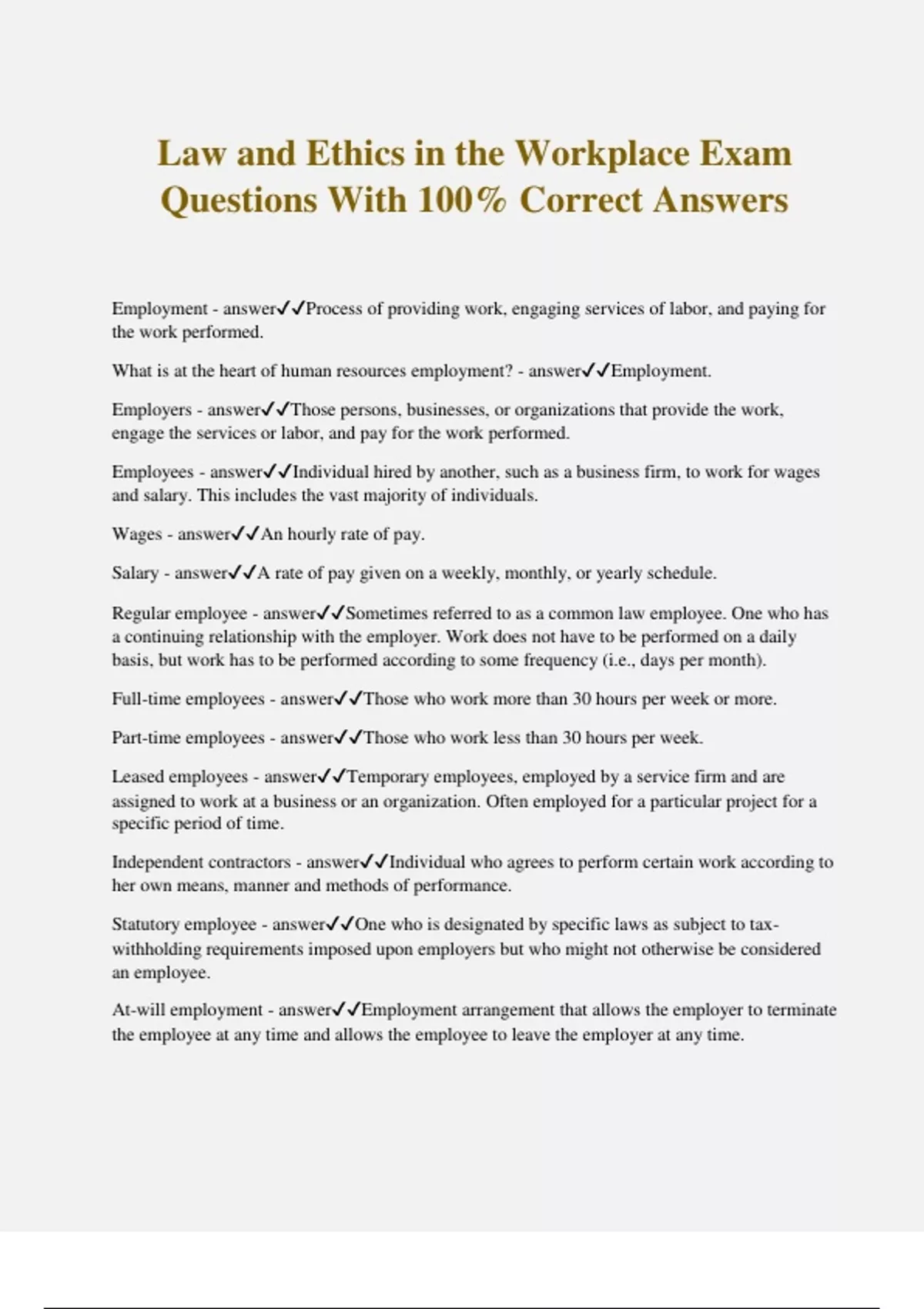 Law and Ethics in the Workplace Exam Questions With 100% Correct ...