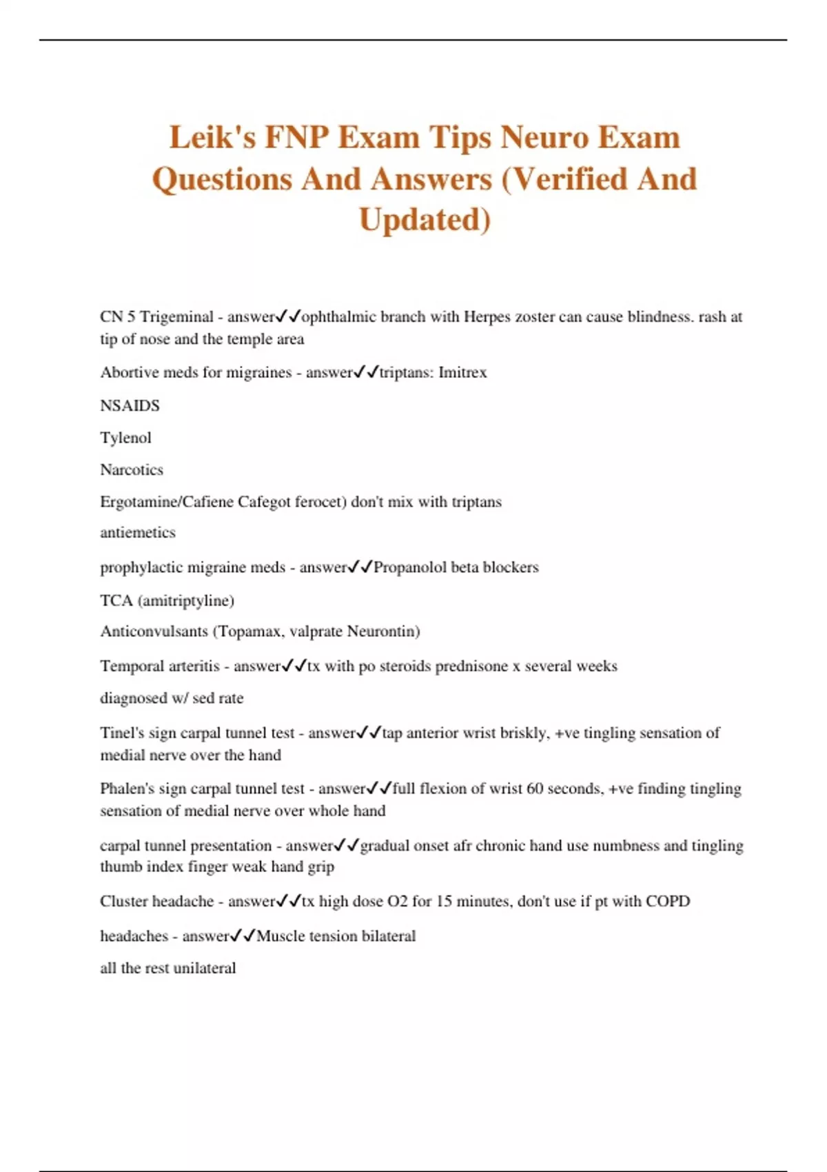 Leik's FNP Exam Tips Neuro Exam Questions And Answers (Verified And ...
