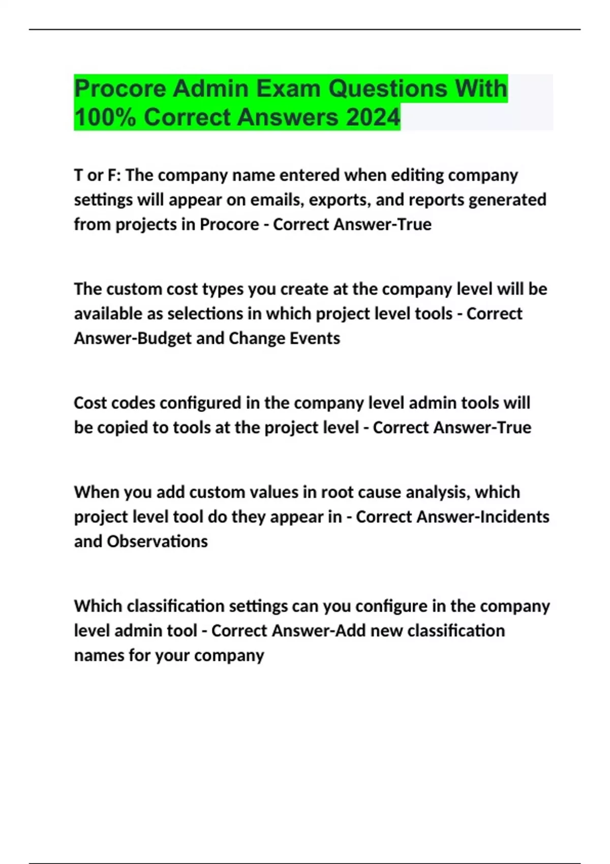 Procore Admin Exam Questions With 100% Correct Answers 2024 - Procore ...