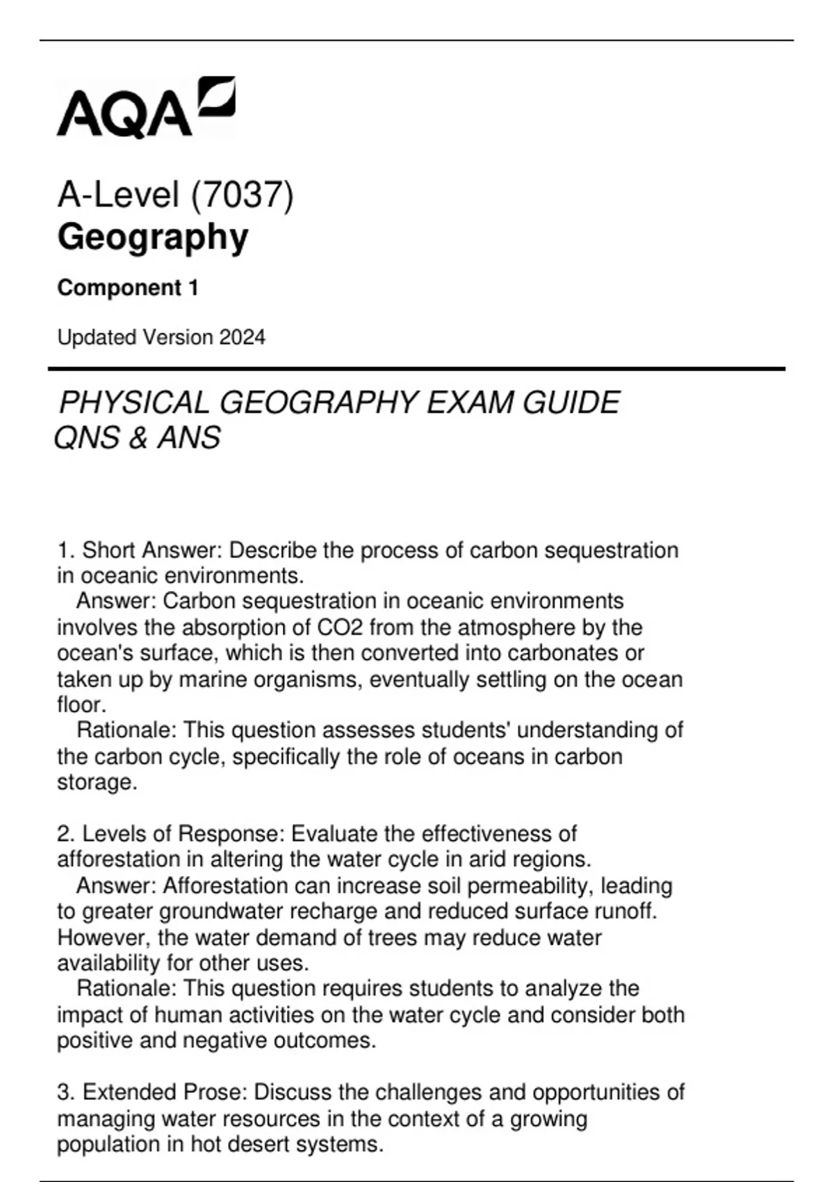 (7037) AQA A-Level Geography Component 1 Physical Geography Exam Guide ...