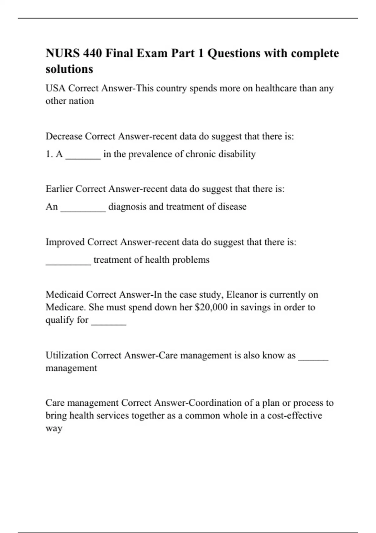 NURS 440 Final Exam Part 1 Questions with complete solutions - NURS 440 ...
