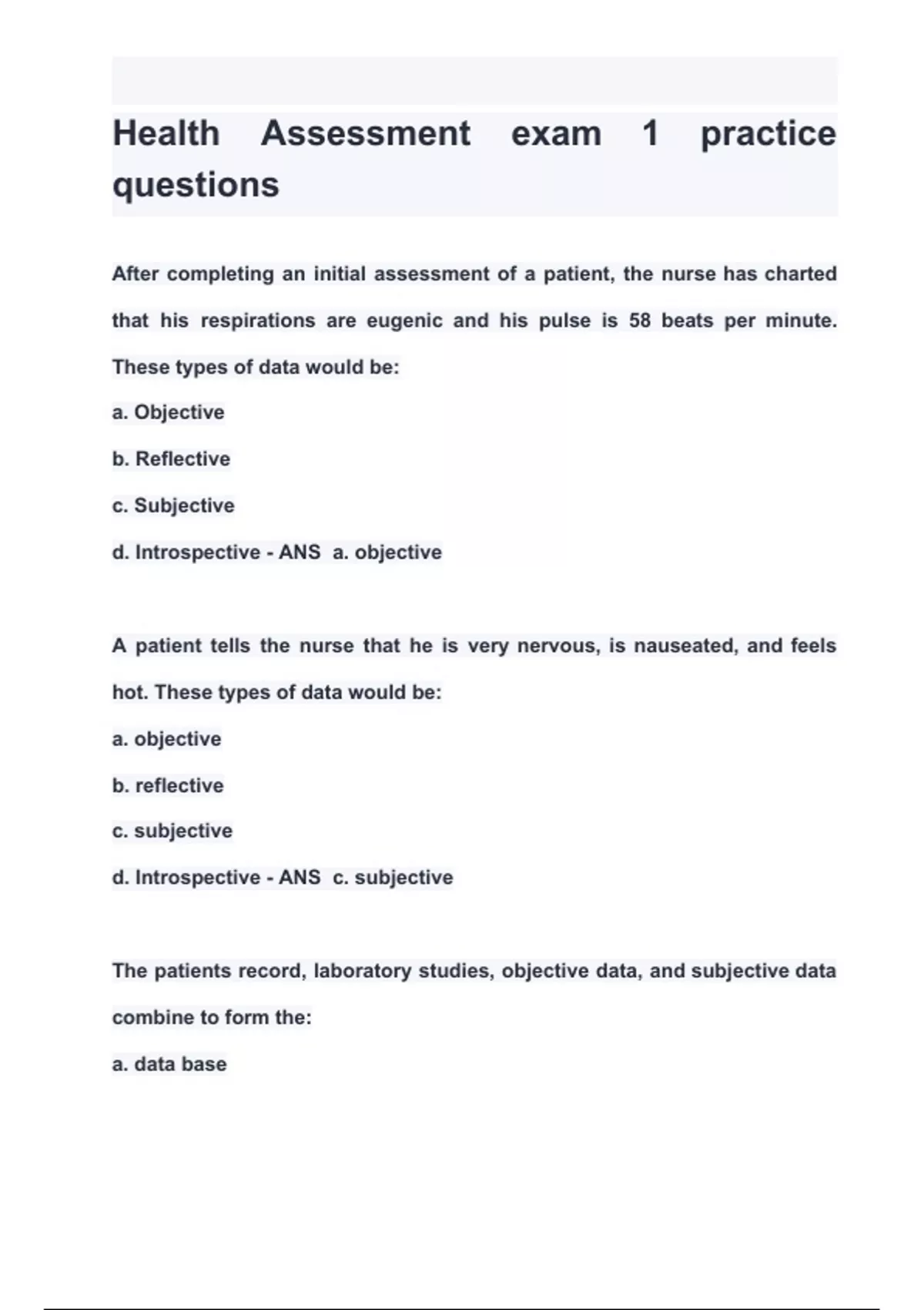 Health Assessment exam 1 practice questions & Answers 2024 ( A+ GRADED ...