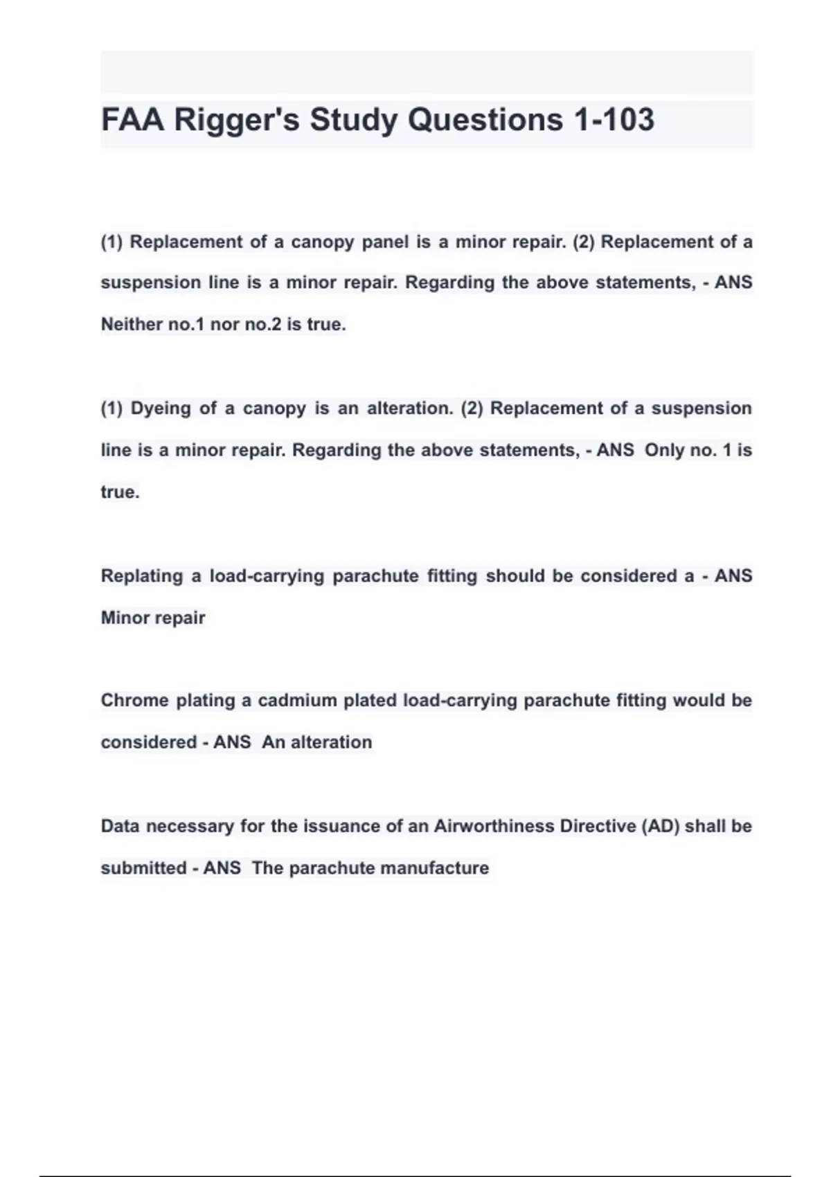 FAA Rigger's Study Questions 1-103 QUESTIONS & ANSWERS 2024 ( A+ GRADED ...