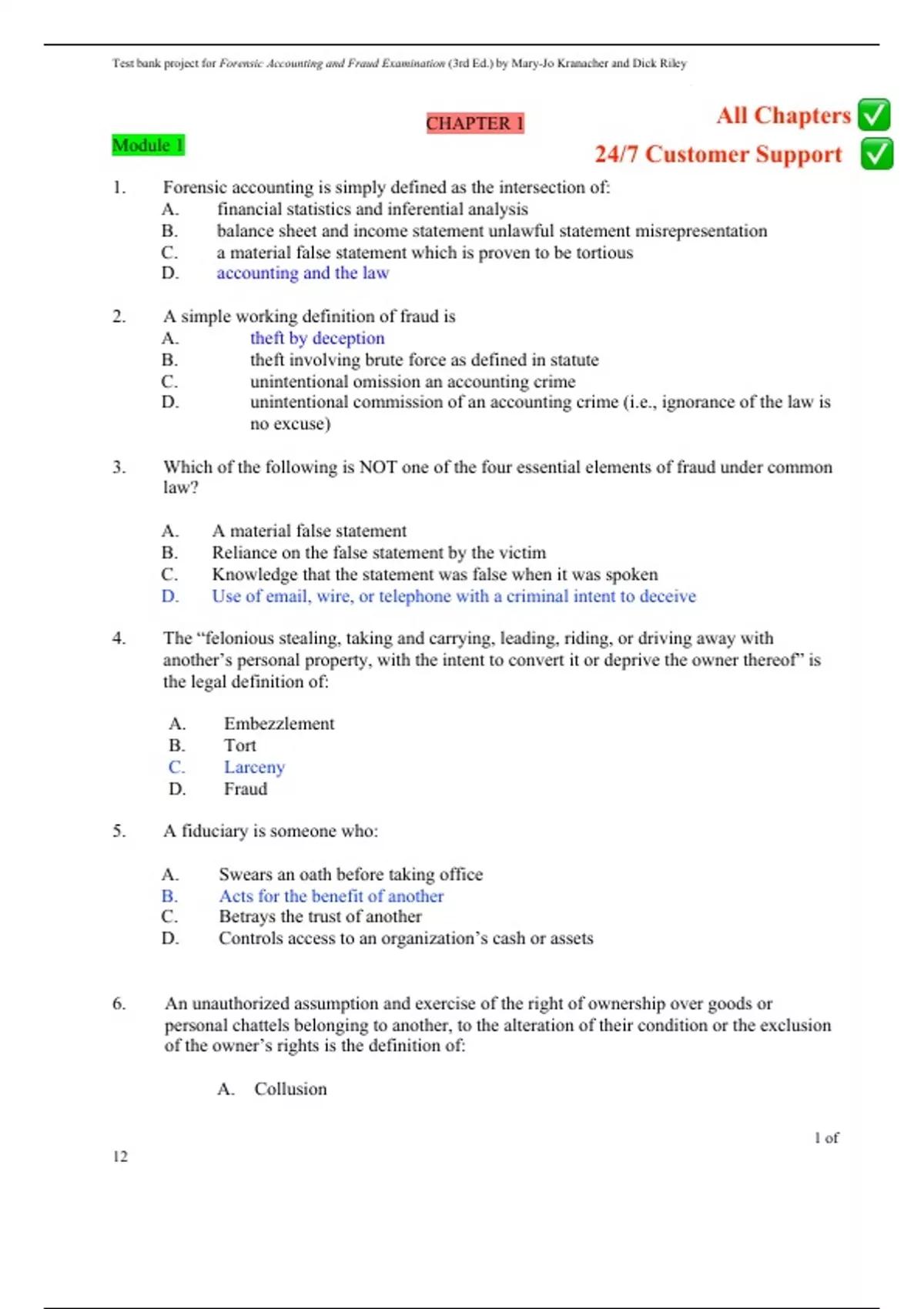 Test Bank for Forensic Accounting and Fraud Examination, 3rd Edition by ...