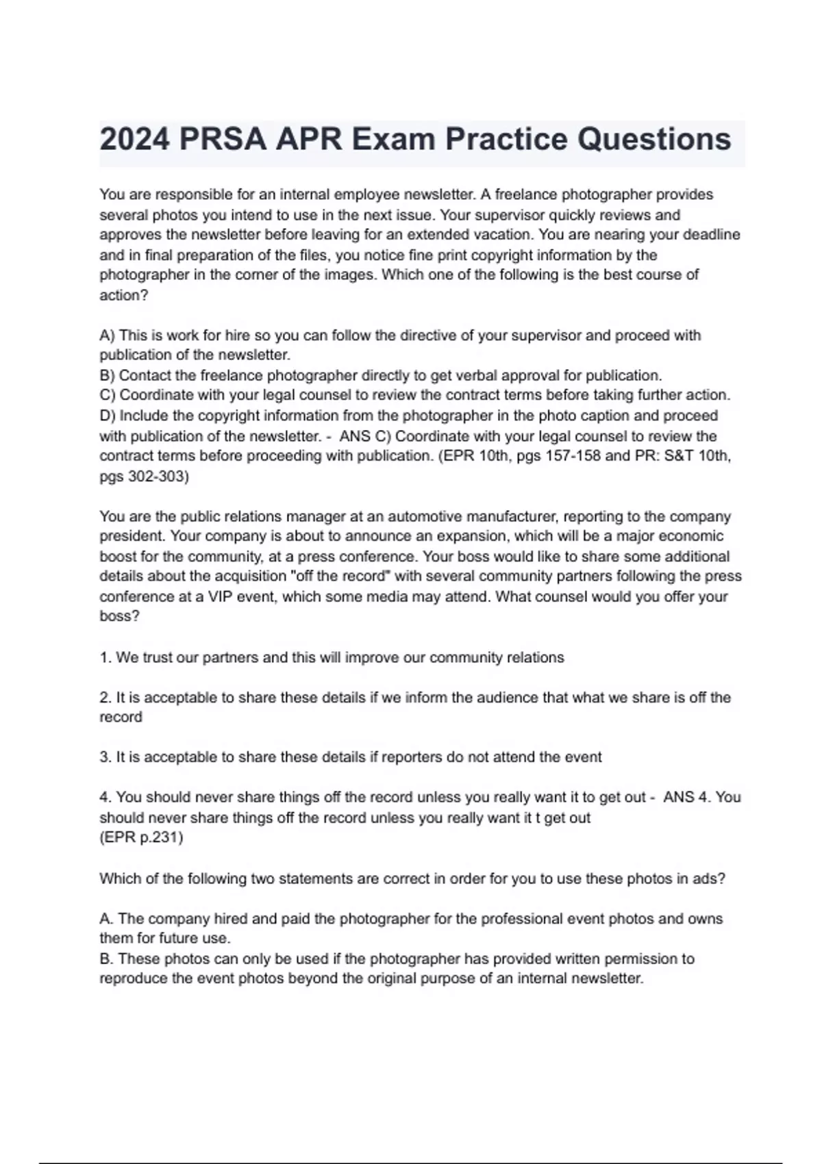 2024 PRSA APR Exam Practice Questions with complete solutions latest update ( A+ GRADED 100% ...