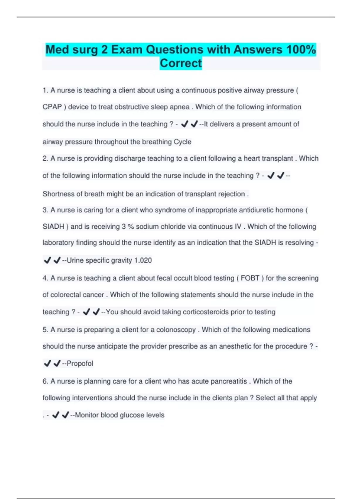 Med surg 2 Exam Questions with Answers 100% Correc - Med surg 2 - Stuvia US