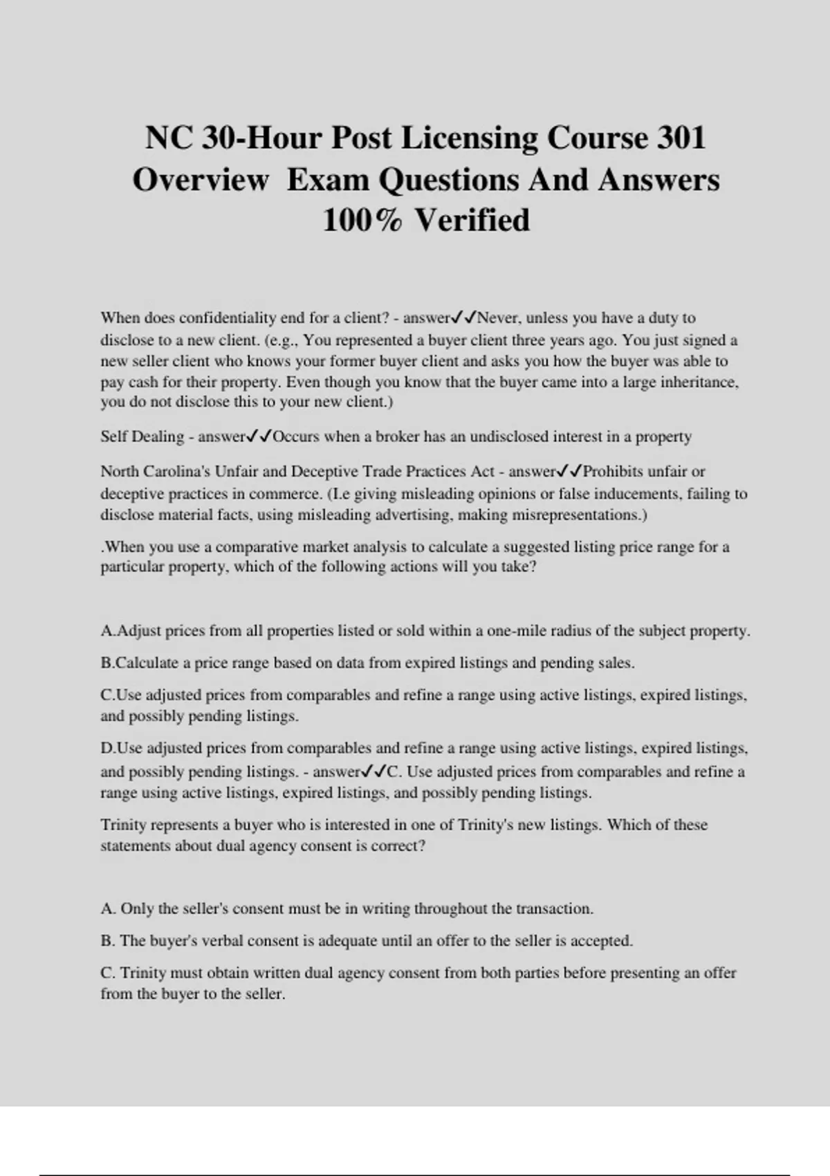 Nc Course Worksheet NC 30-Hour Post Licensing Course 301 Overview Exam Questions And ...