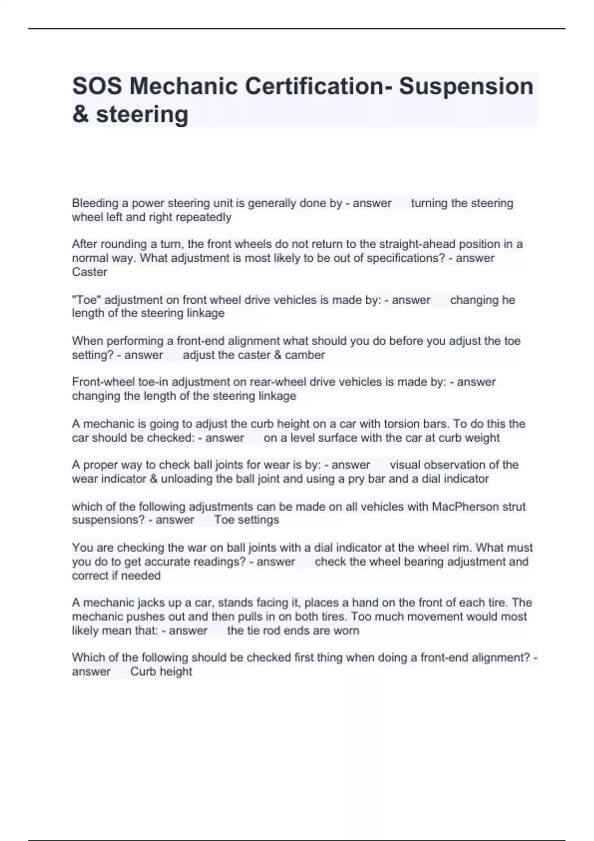 SOS Mechanic Certification Suspension & steering Questions and Answers