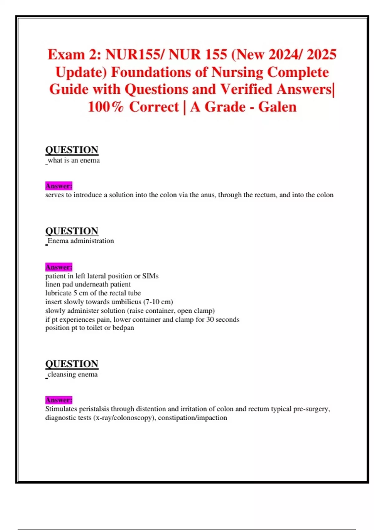 Exam 2: NUR155/ NUR 155 (New 2024/ 2025 Update) Foundations of Nursing ...