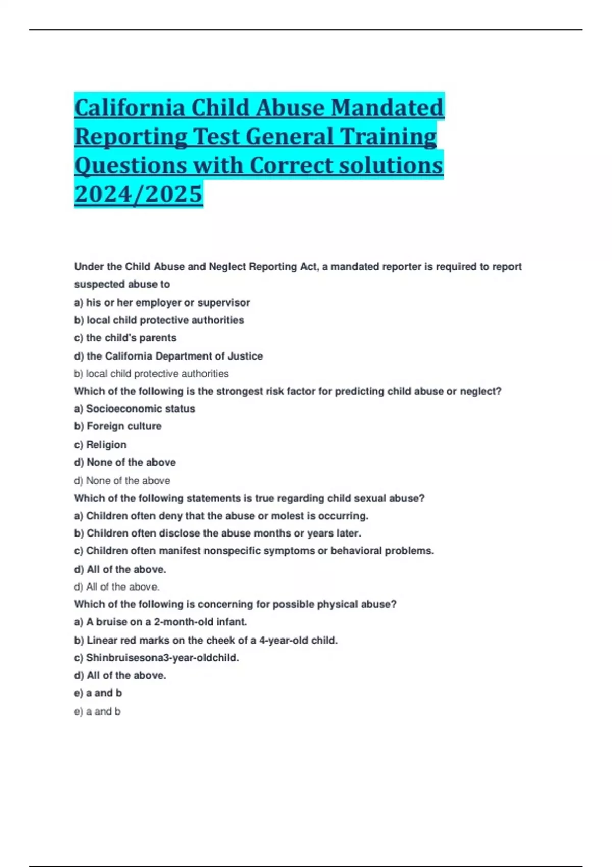 California Child Abuse Mandated Reporting Test General Training