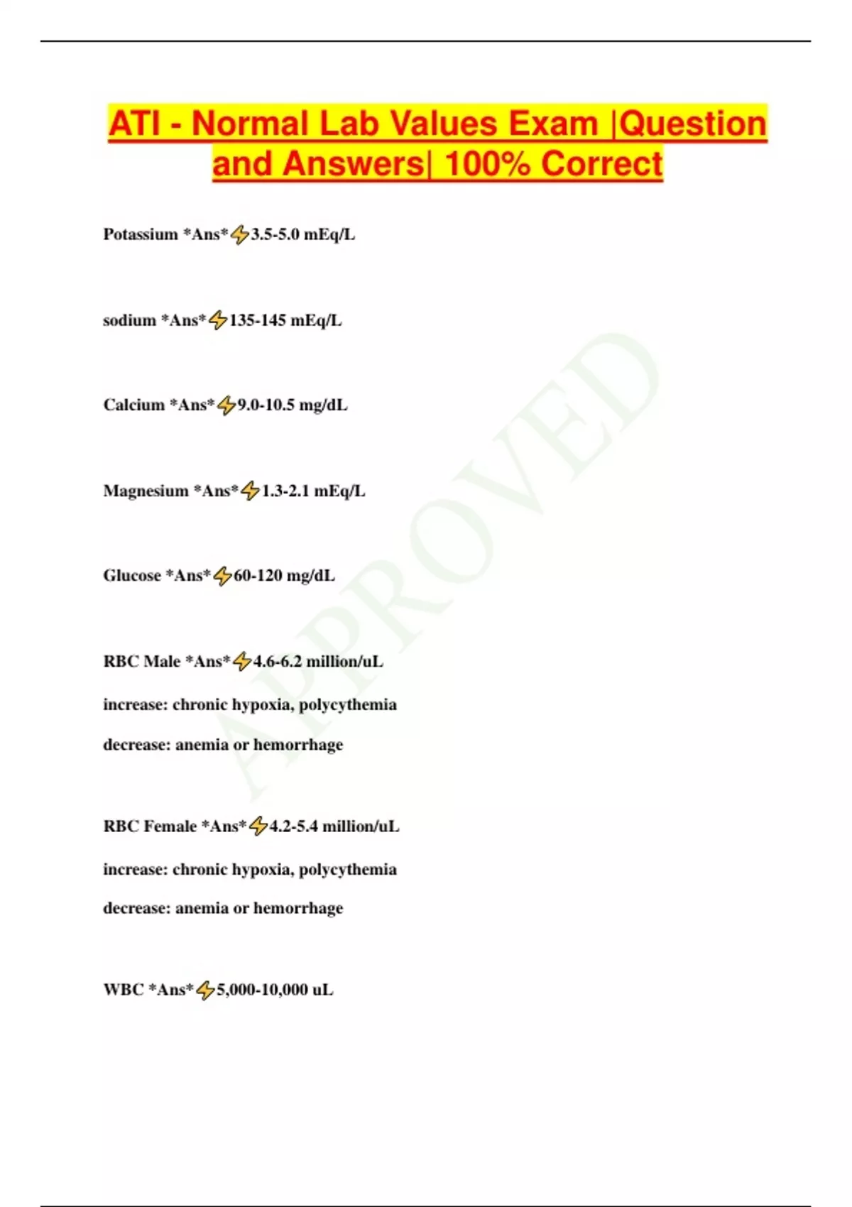 ATI Normal Lab Values Exam Question and Answers 100 Correct ATI