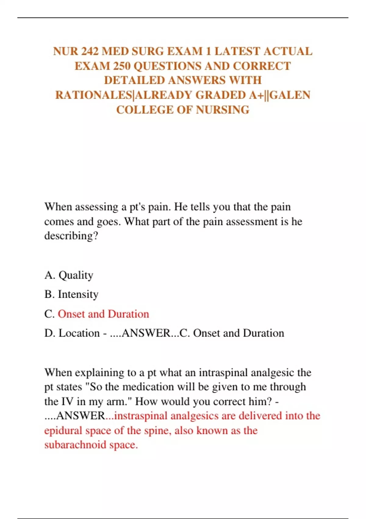 NUR 242 MED SURG EXAM 1 LATEST ACTUAL EXAM 250 QUESTIONS AND CORRECT ...