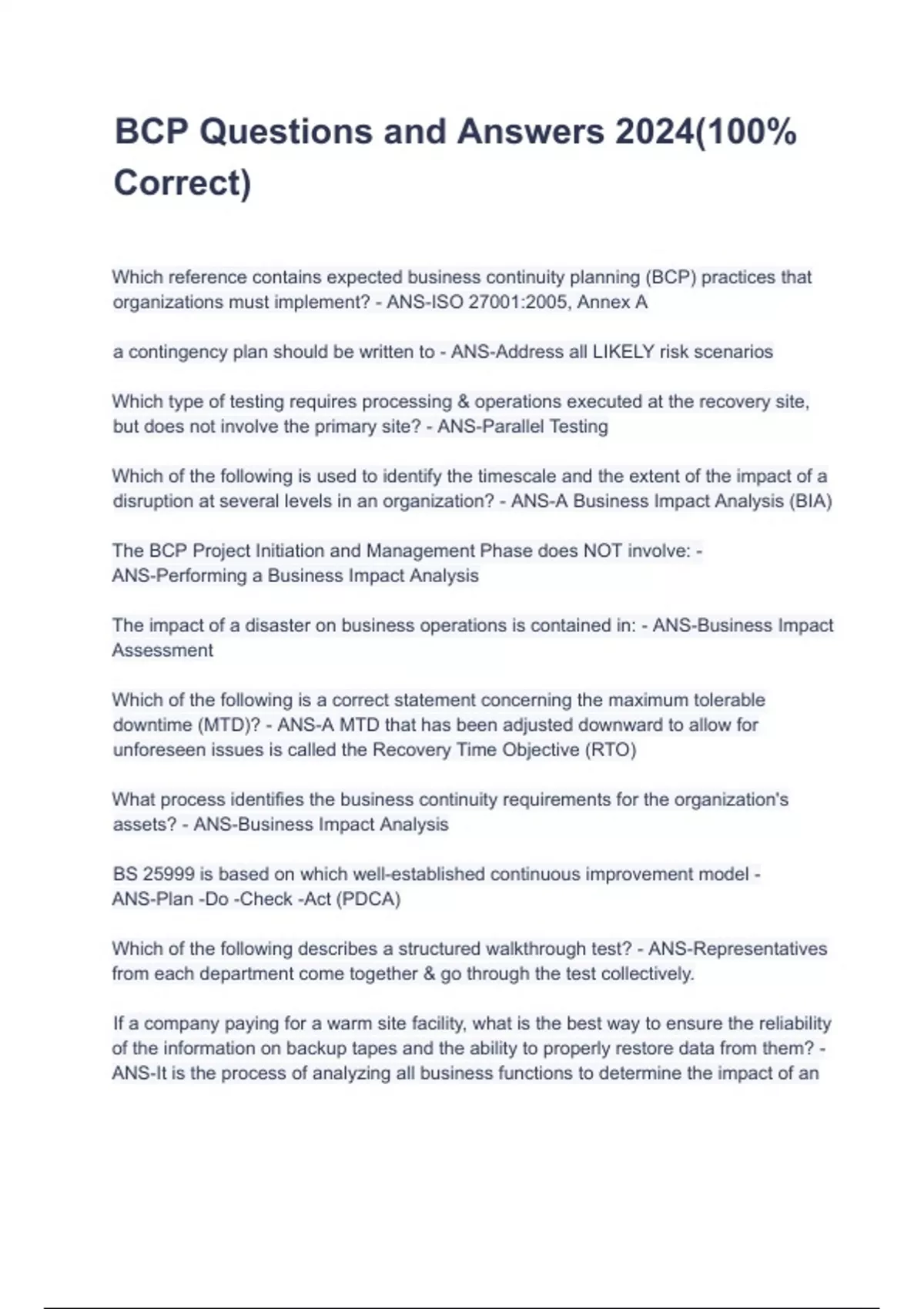 Bcp Questions BCP Questions and Answers 2024(100% Correct) - A+International Business ...
