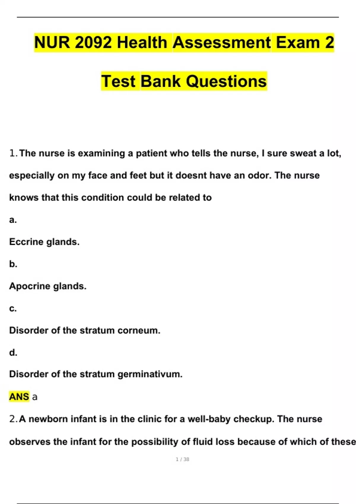 NUR 2092 / NUR2092 Health Assessment Exam 2 Test Bank Questions and ...