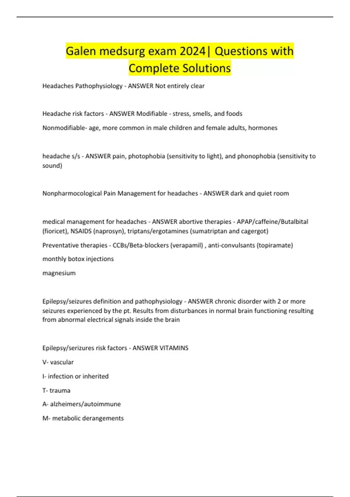 Galen medsurg exam 2024| Questions with Complete Solutions - Galen ...
