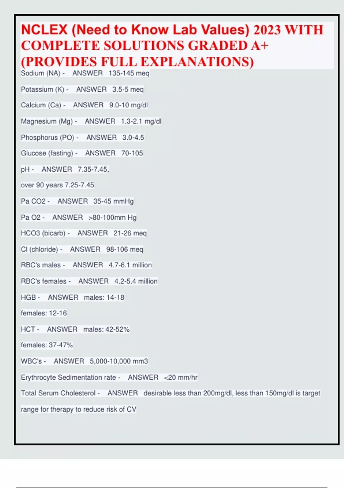 NCLEX (Need to Know Lab Values) 2023 WITH COMPLETE SOLUTIONS GRADED A+ ...