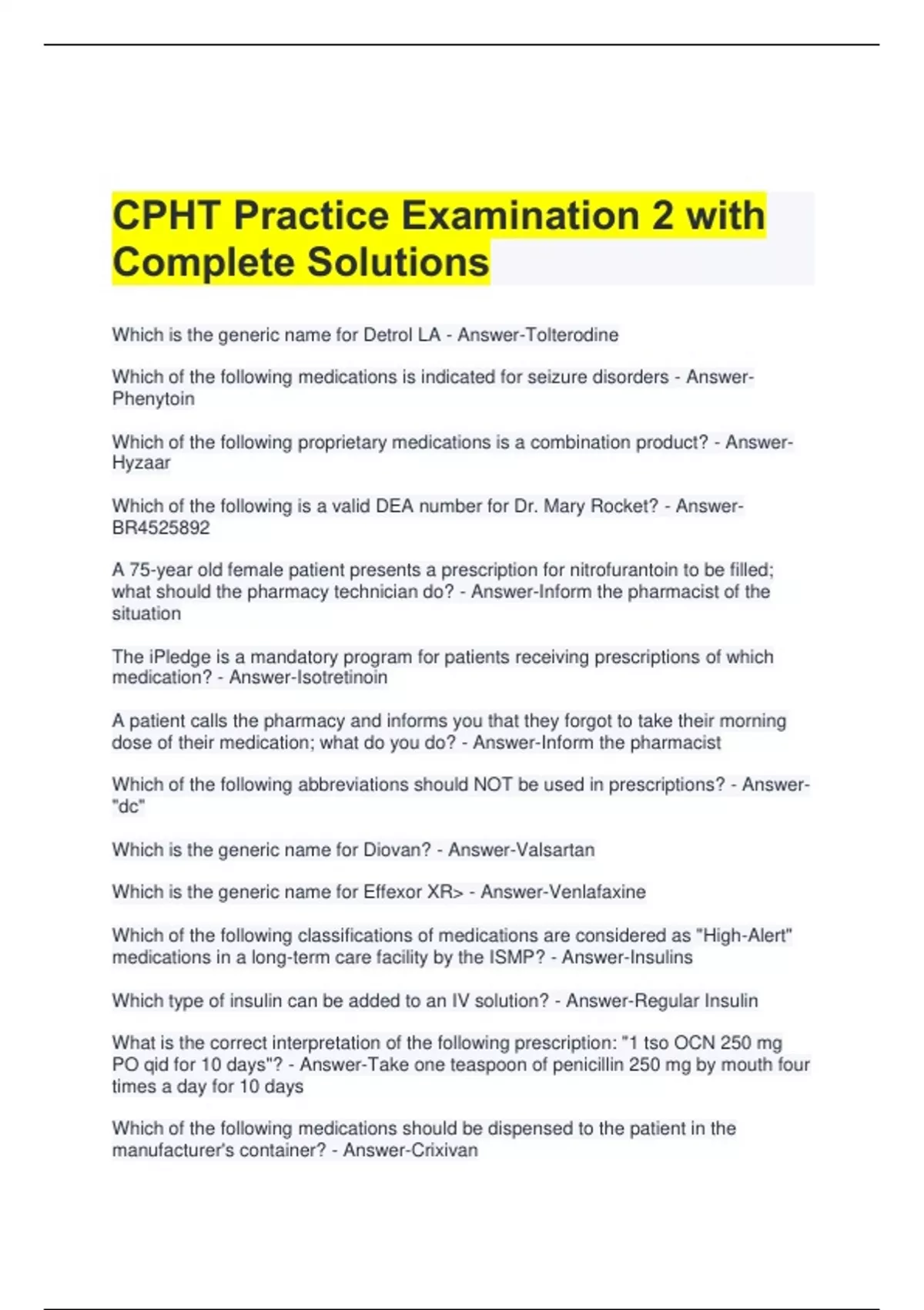 CPHT Practice Examination 2 with Complete Solutions - CPHT - Stuvia US