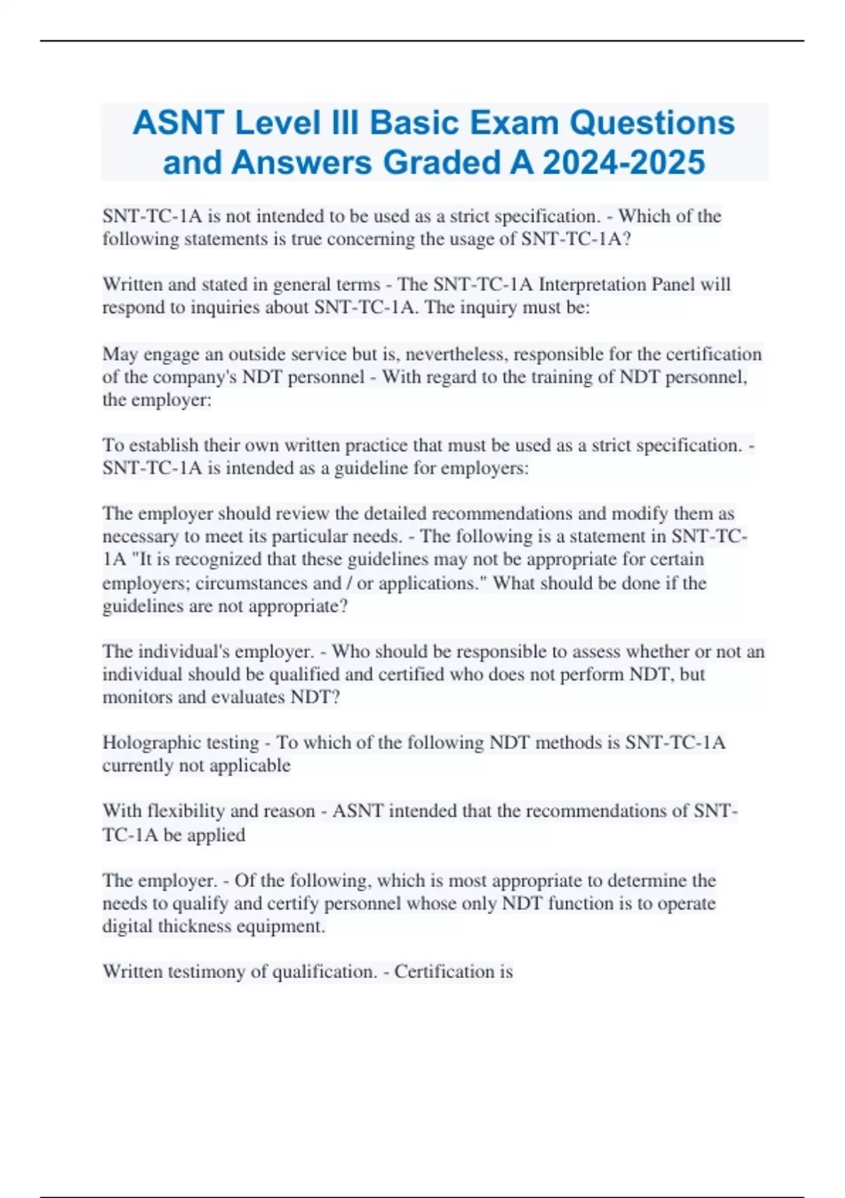 ASNT Level III Basic Exam Questions and Answers Graded A - ASNT ...