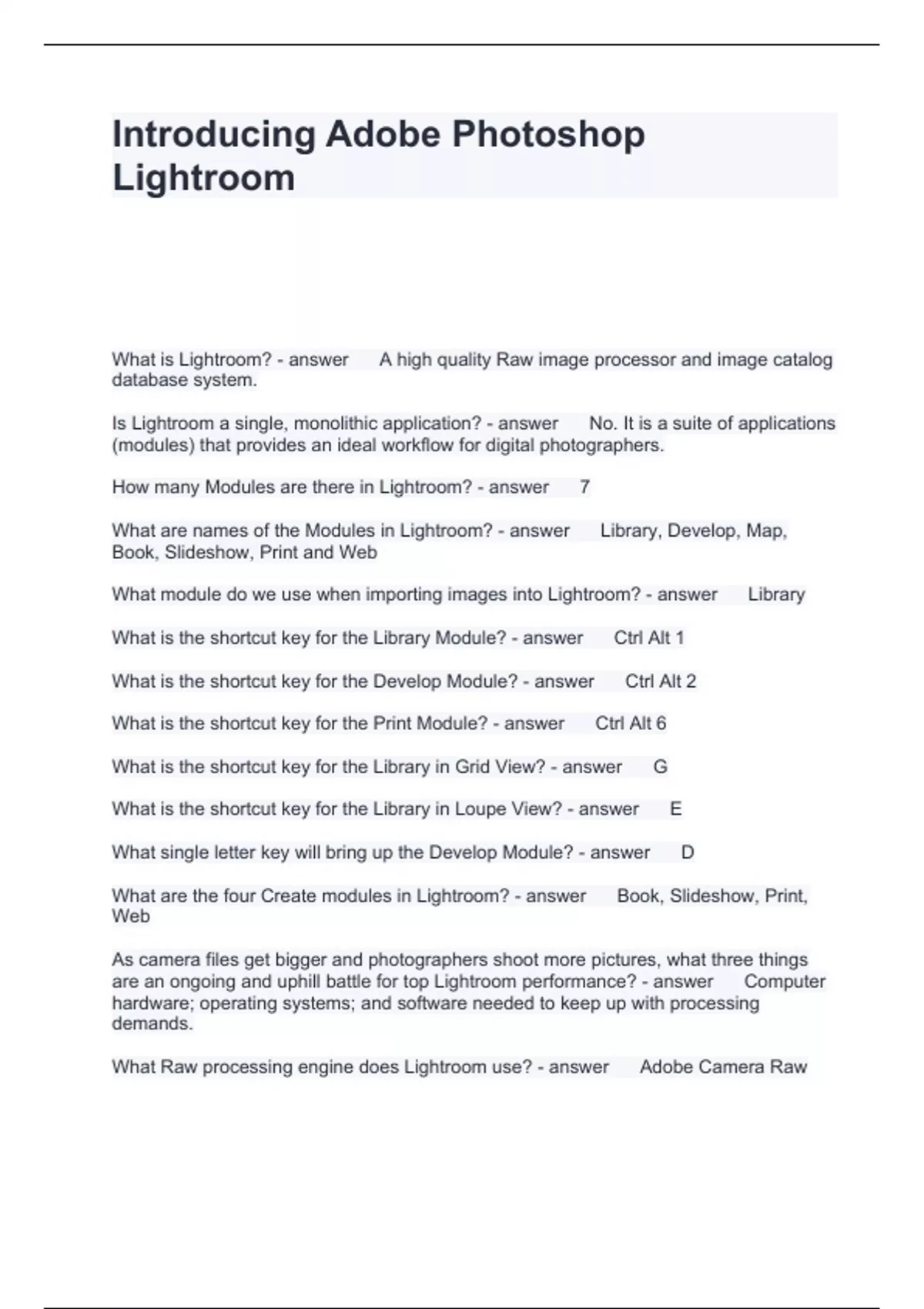 Introducing Adobe Lightroom Questions and Answers 2024