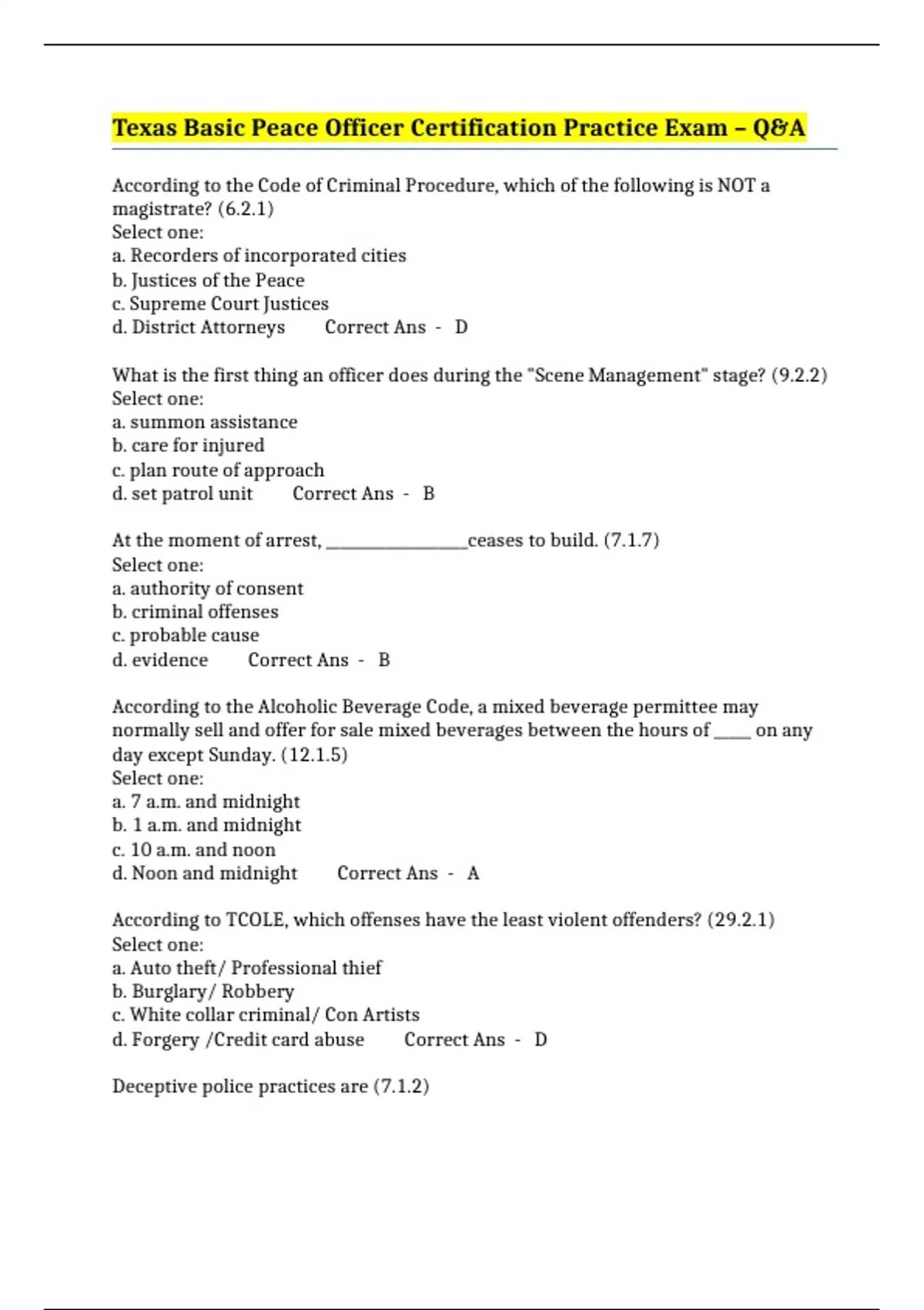 Texas Basic Peace Officer Certification Practice Exam Q&A Boater