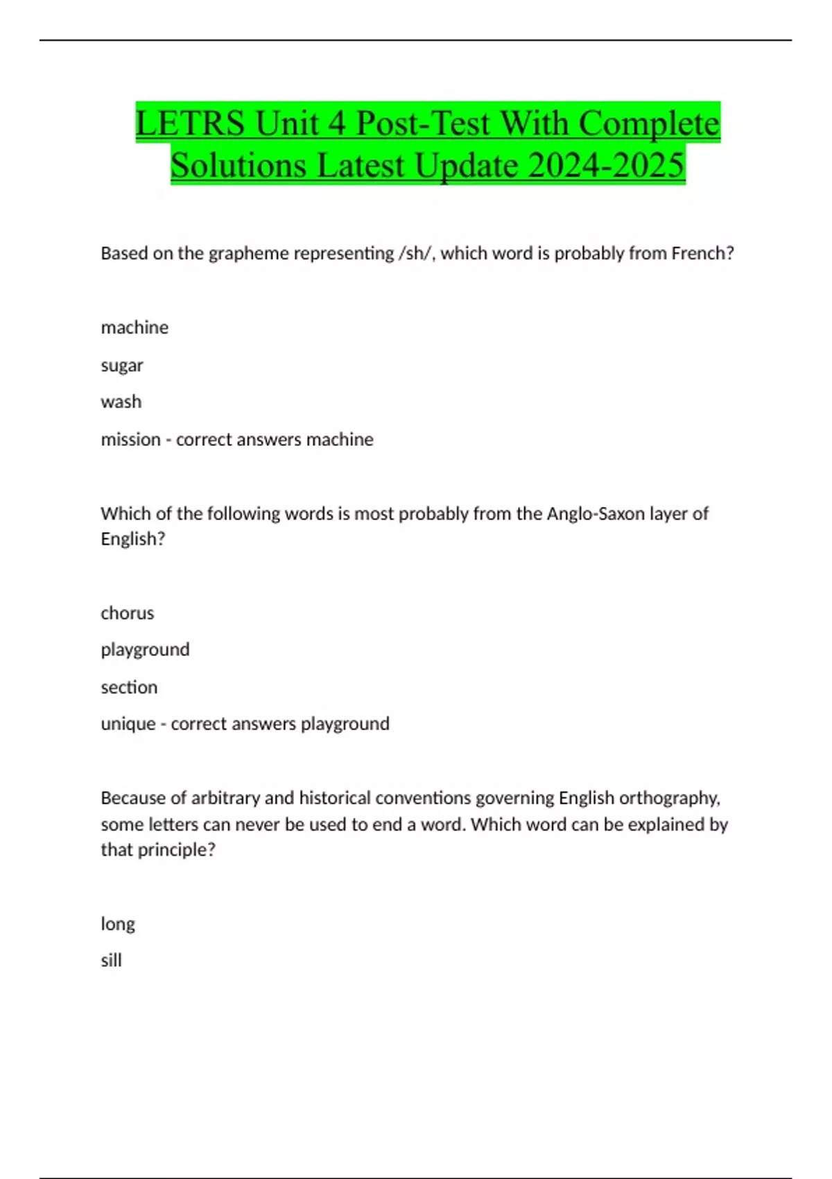 LETRS Unit 4 PostTest With Complete Solutions Latest Update LETRS