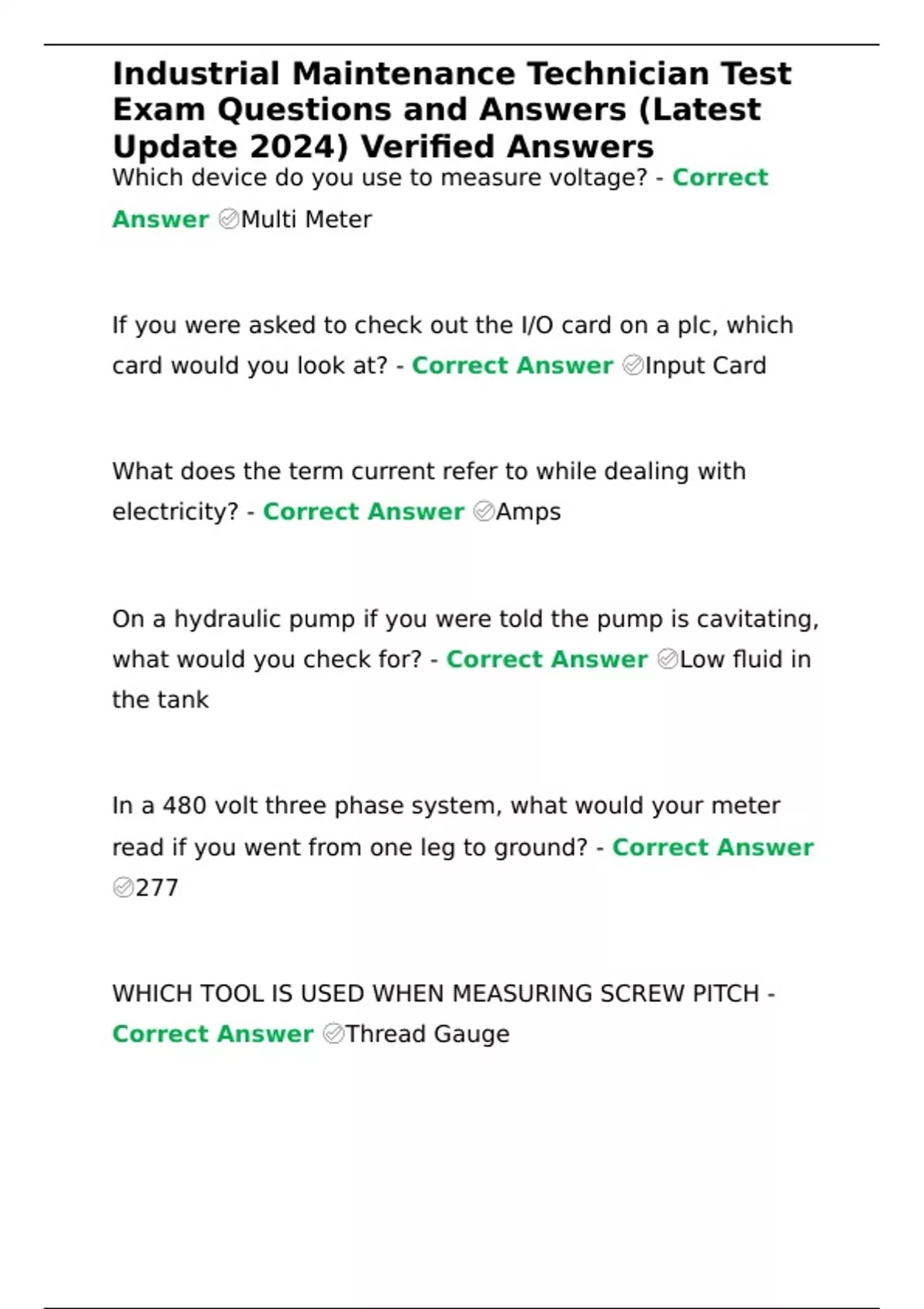 Industrial Maintenance Technician Test Exam Questions and Answers