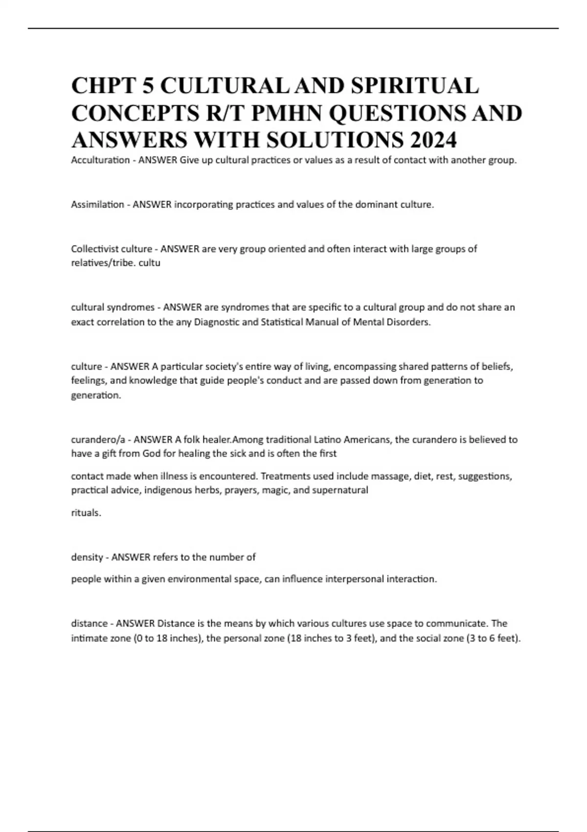 CHPT 5 CULTURAL AND SPIRITUAL CONCEPTS R/T PMHN QUESTIONS AND ANSWERS ...