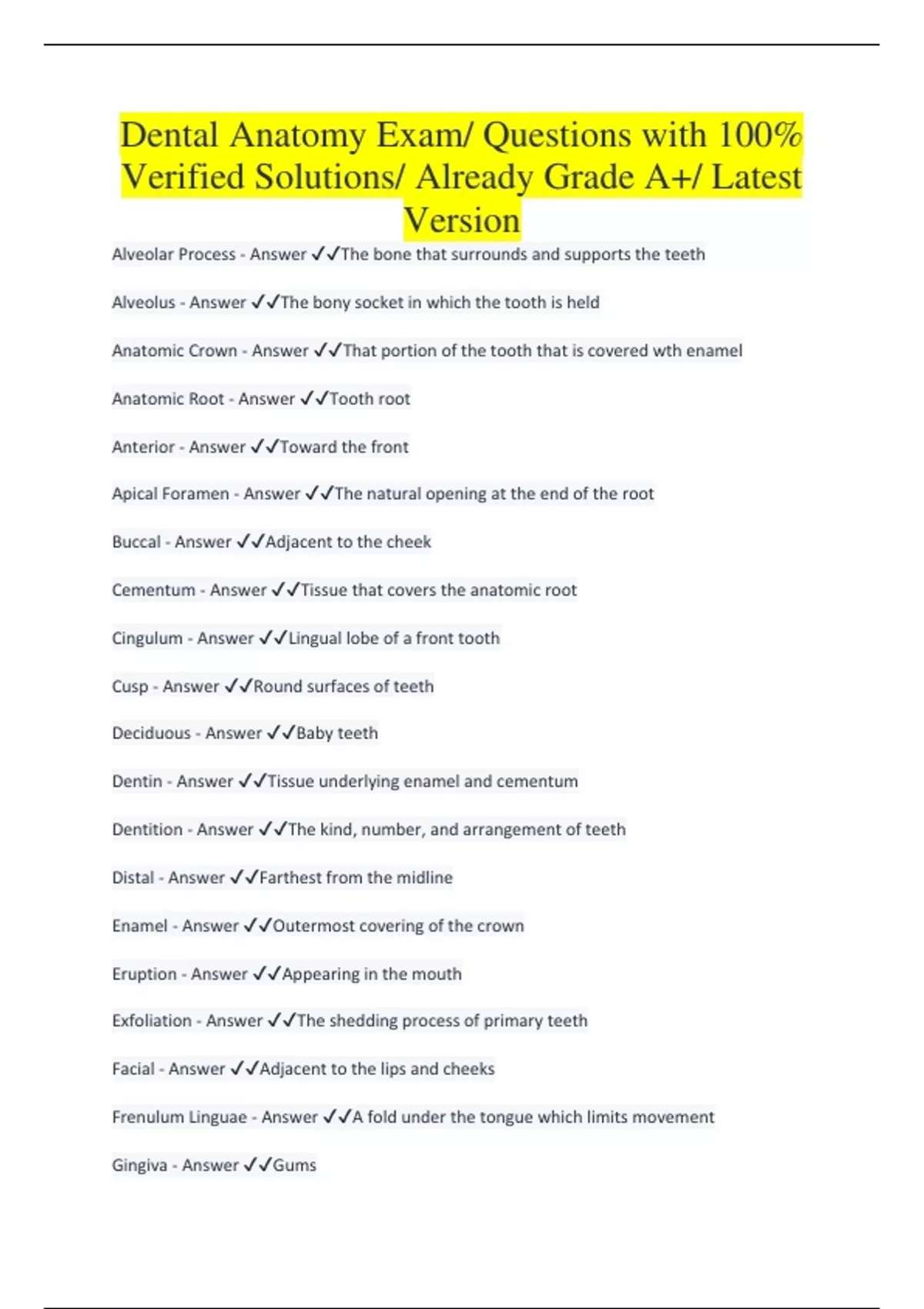 Dental Anatomy Exam/ Questions with 100 Verified Solutions/ Already