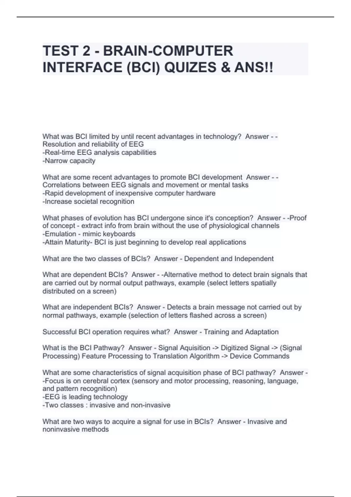 Bci Testing Example TEST 2 - BRAIN-COMPUTER INTERFACE (BCI) QUIZES & ANS!! - BCI - Stuvia US