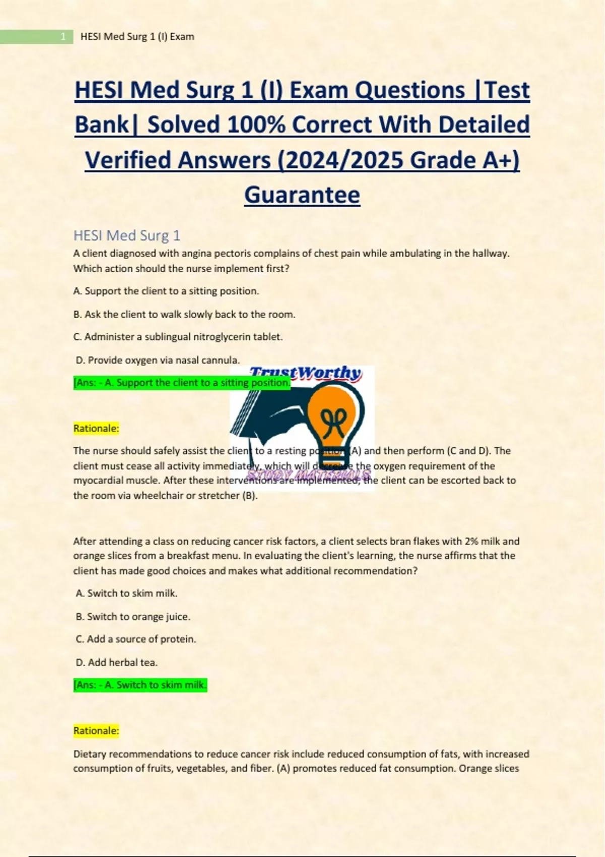 HESI Med Surg 1 (I) Exam Questions |Test Bank| Solved 100% Correct With ...